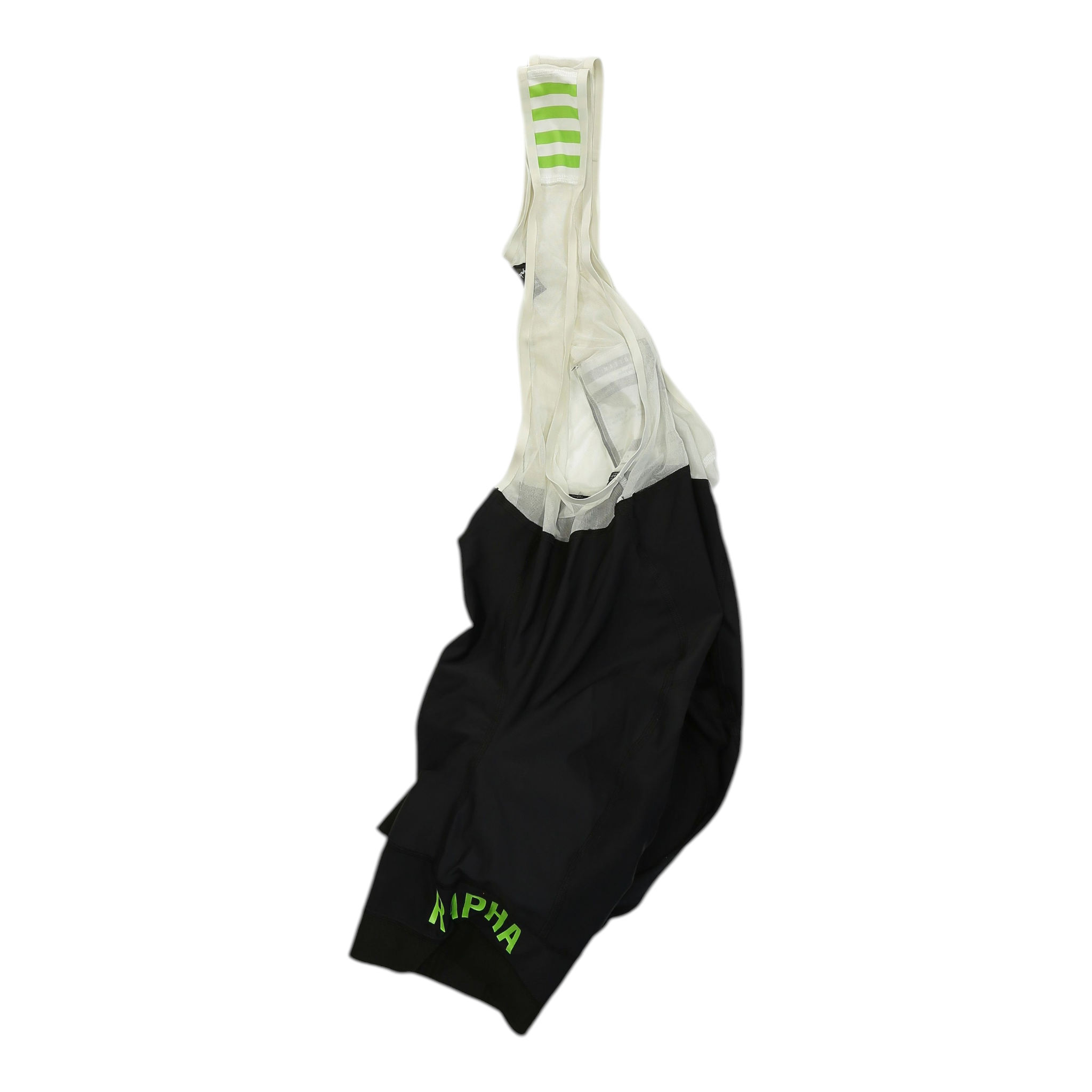Cycling bib shorts, cream bib with green striped panel and green RAPHA logo