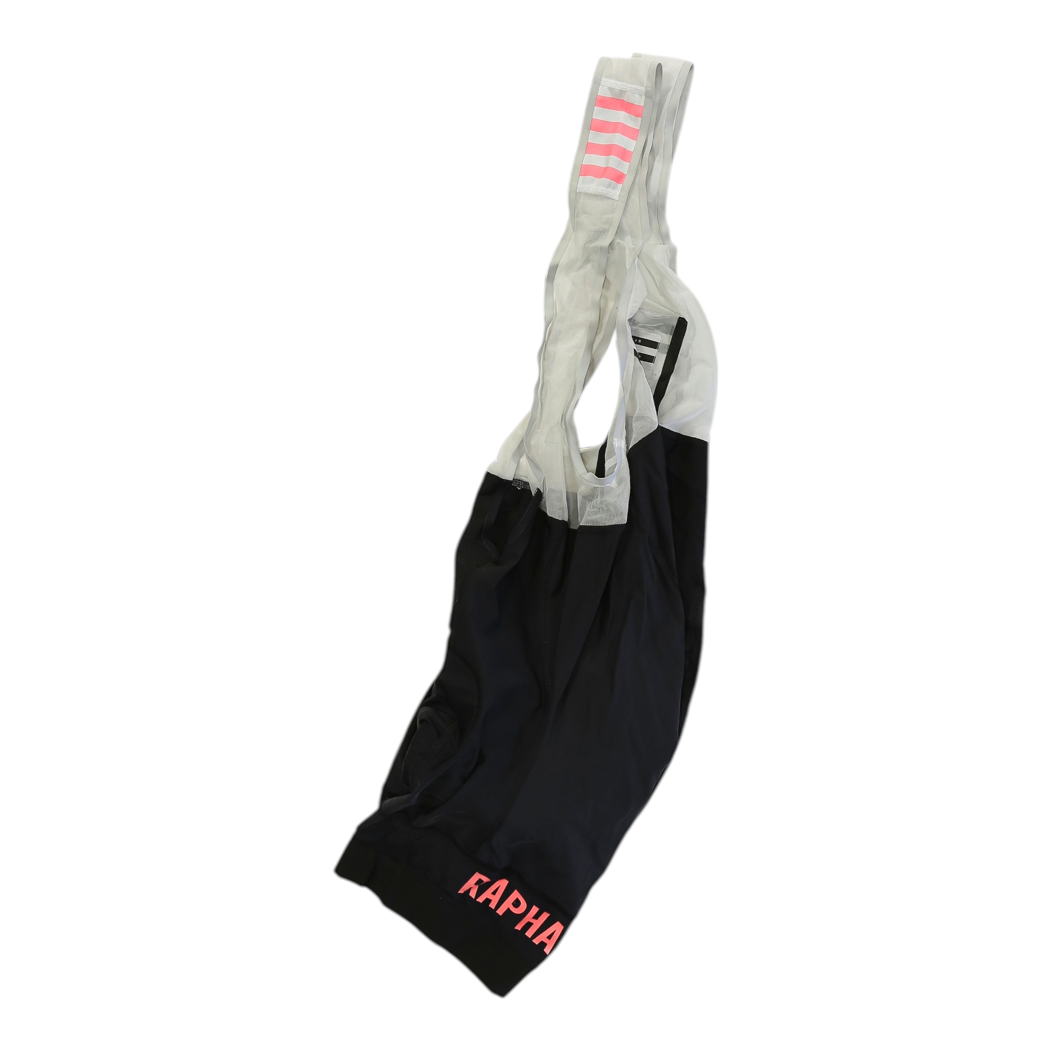 Cycling bib shorts, white bib with red striped panel and red RAPHA logo on leg