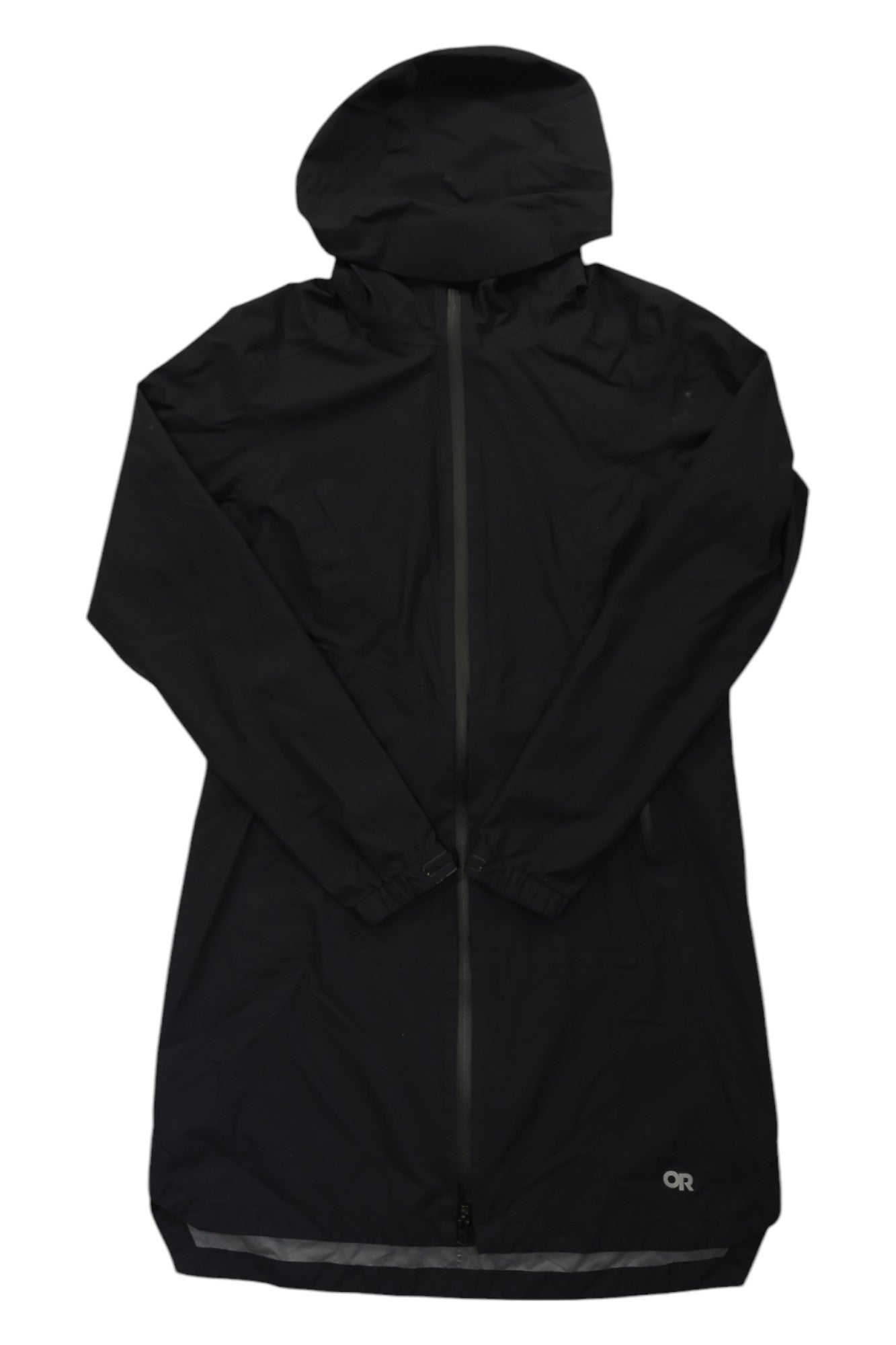 Outdoor Research women's hooded storm trench jacket, black, full-zip front