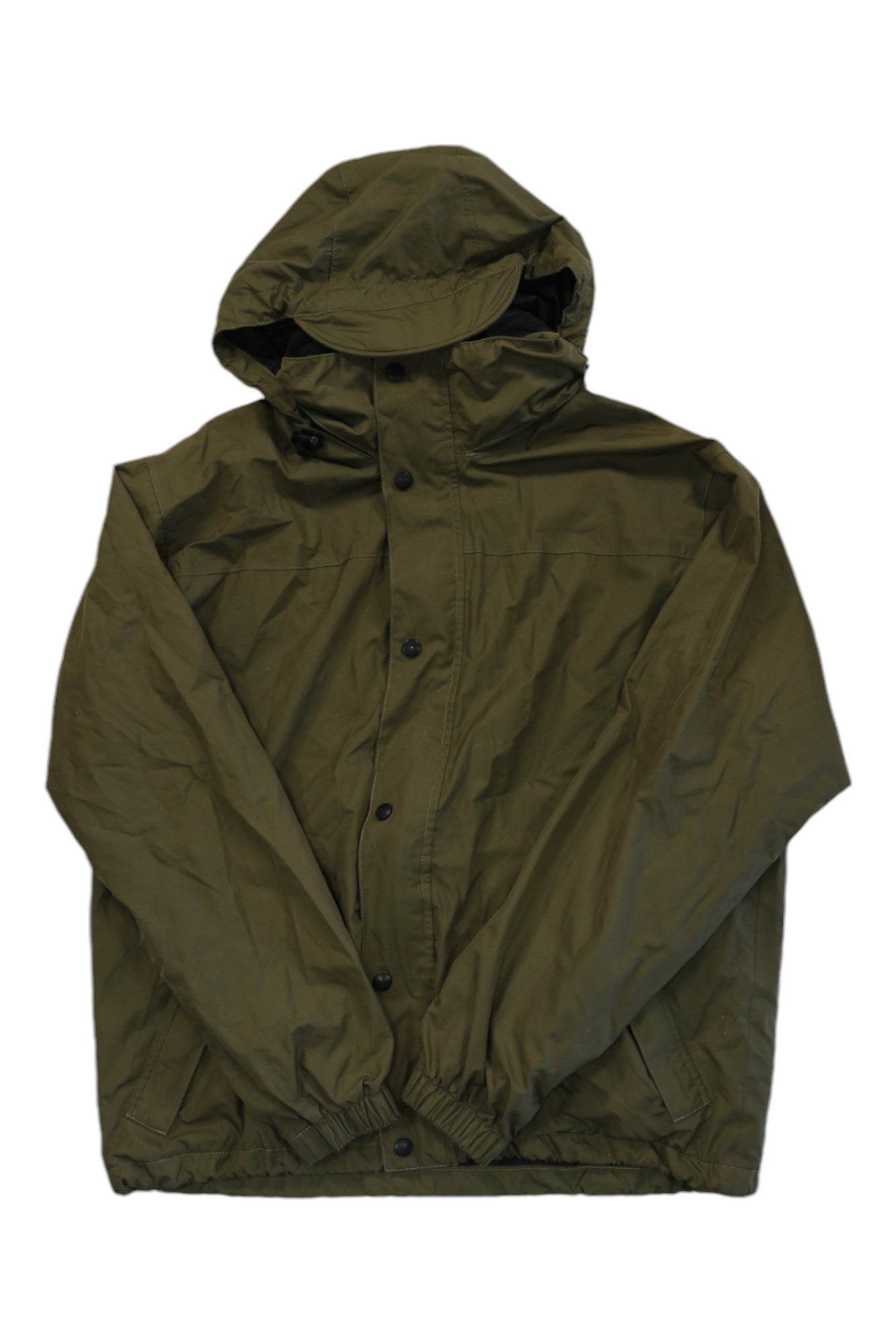 Olive hooded windbreaker jacket with button front and elastic cuffs