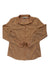 Tan women's button-up long-sleeve shirt with chest pockets and front buttons