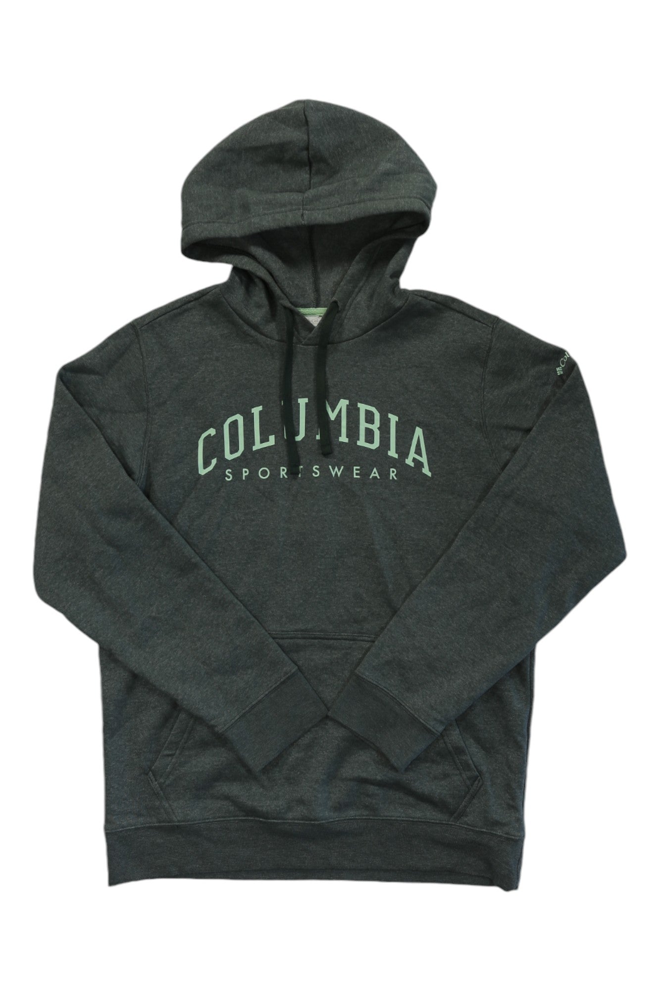 Dark gray pullover hoodie with Columbia logo on chest and drawstring hood