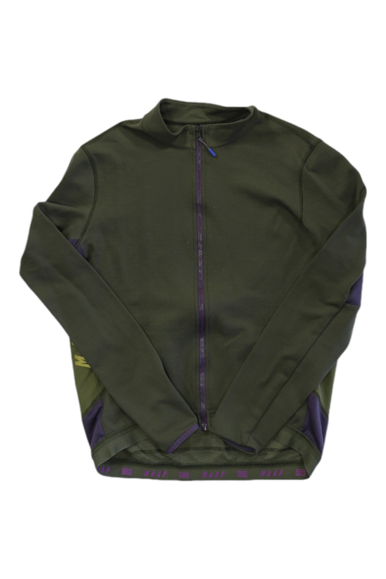 The Team Fit Jersey is a men's long-sleeve cycling top in olive green with purple accents and side panels, featuring a zip-up design. It’s shown laying flat on a white background.
