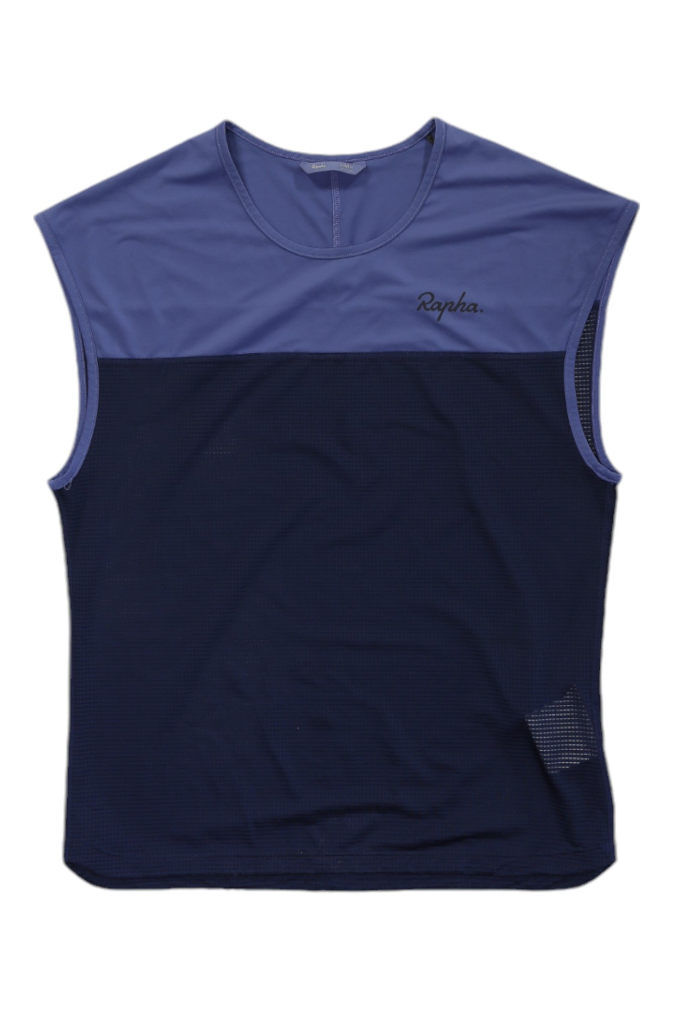 The Rapha Womens Lightweight Trail Tank is a sleeveless cycling top with a light purple upper, dark navy lower, chest logo, and mesh pocket near the hem—designed for style, performance, and comfort on the trail.
