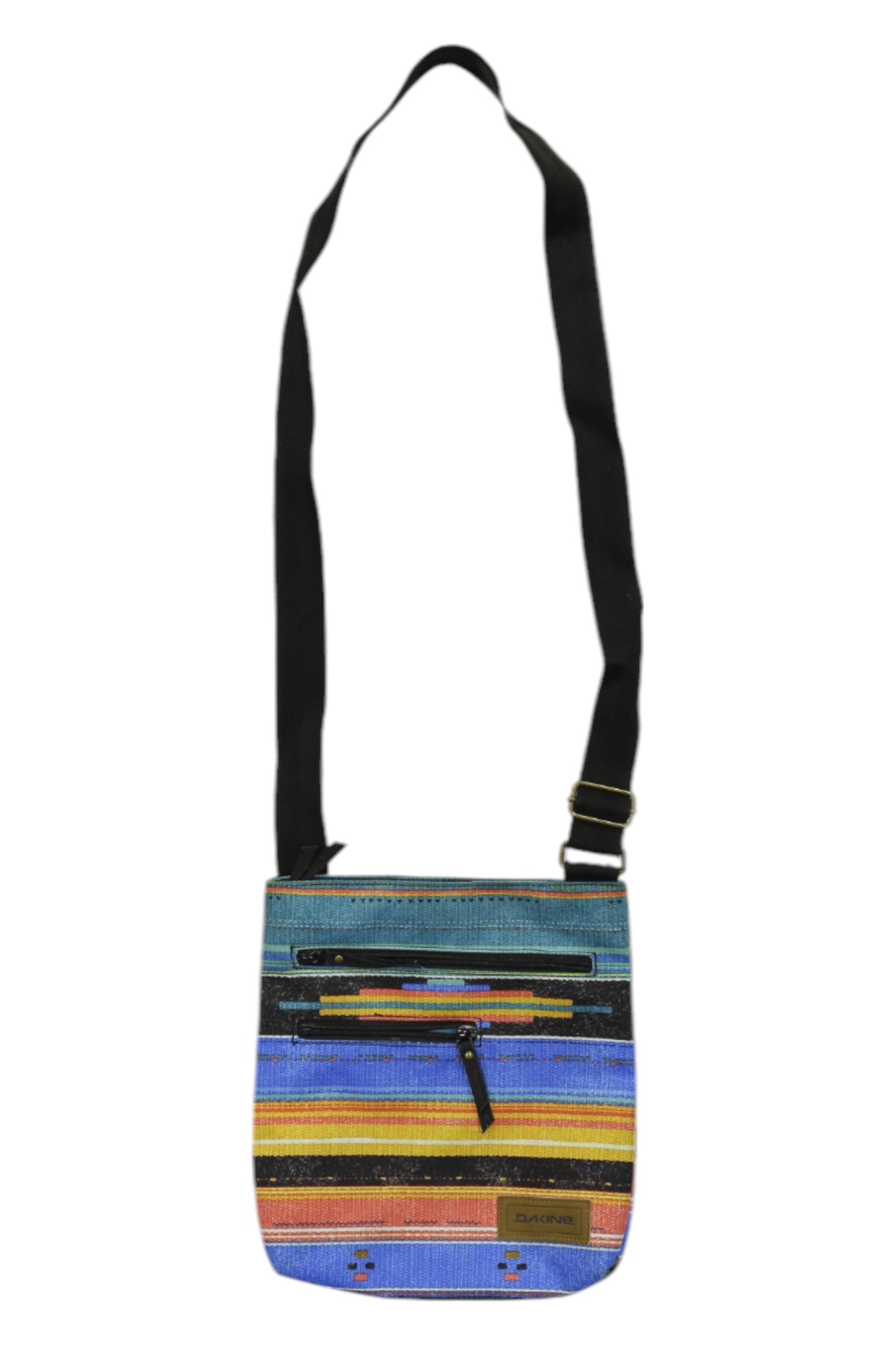 The Jive Crossbody Bag is a colorful outdoor bag with blue, orange, yellow, and green horizontal stripes. It features a black adjustable strap, two front zippered pockets, and a small logo tag—ideal for everyday carry.