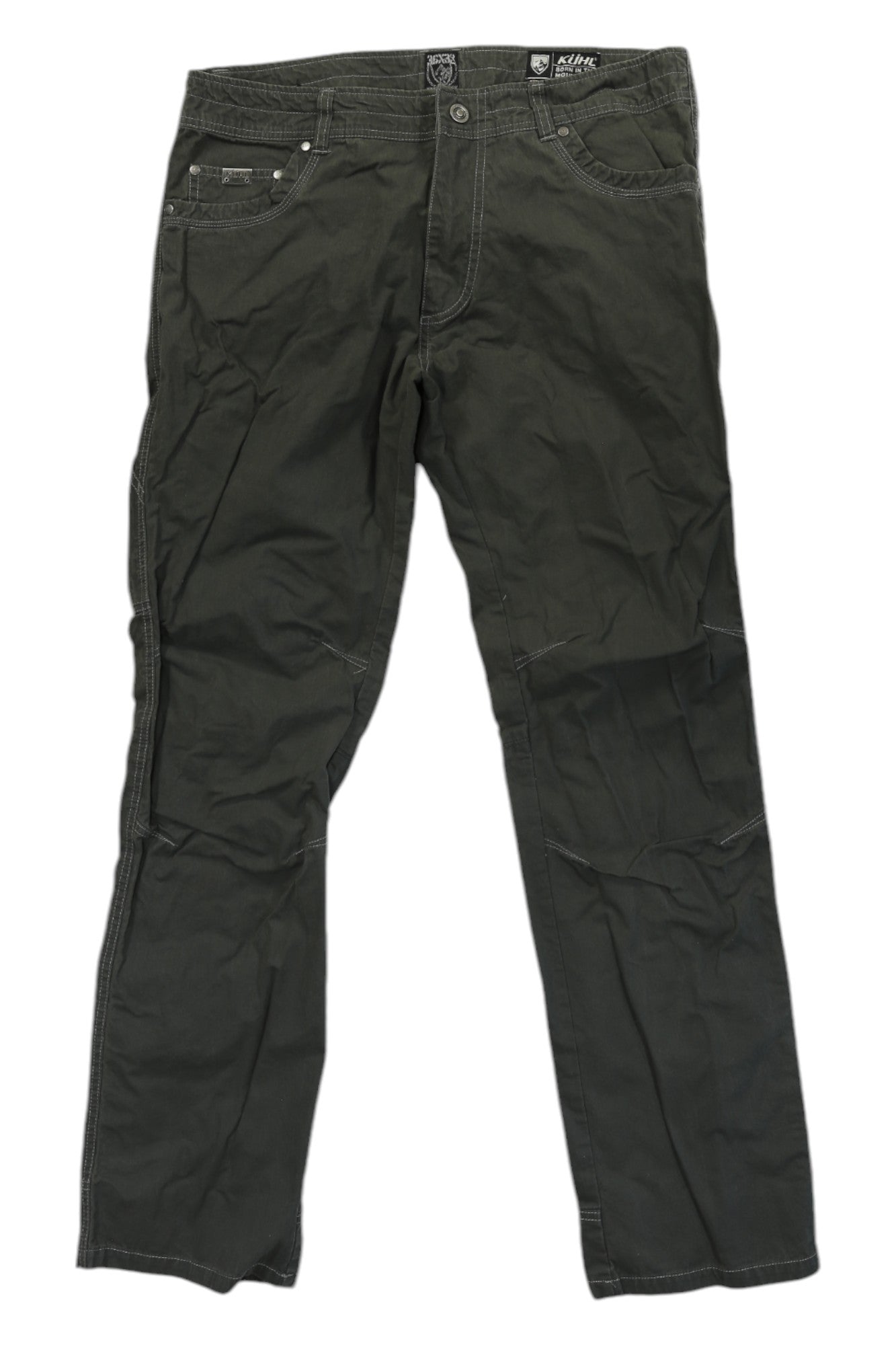 The Kuhl Men's Revolvr Pant in dark green features stretch fabric, front and back pockets, visible stitching, and a button waist closure, shown laid flat on a white background.