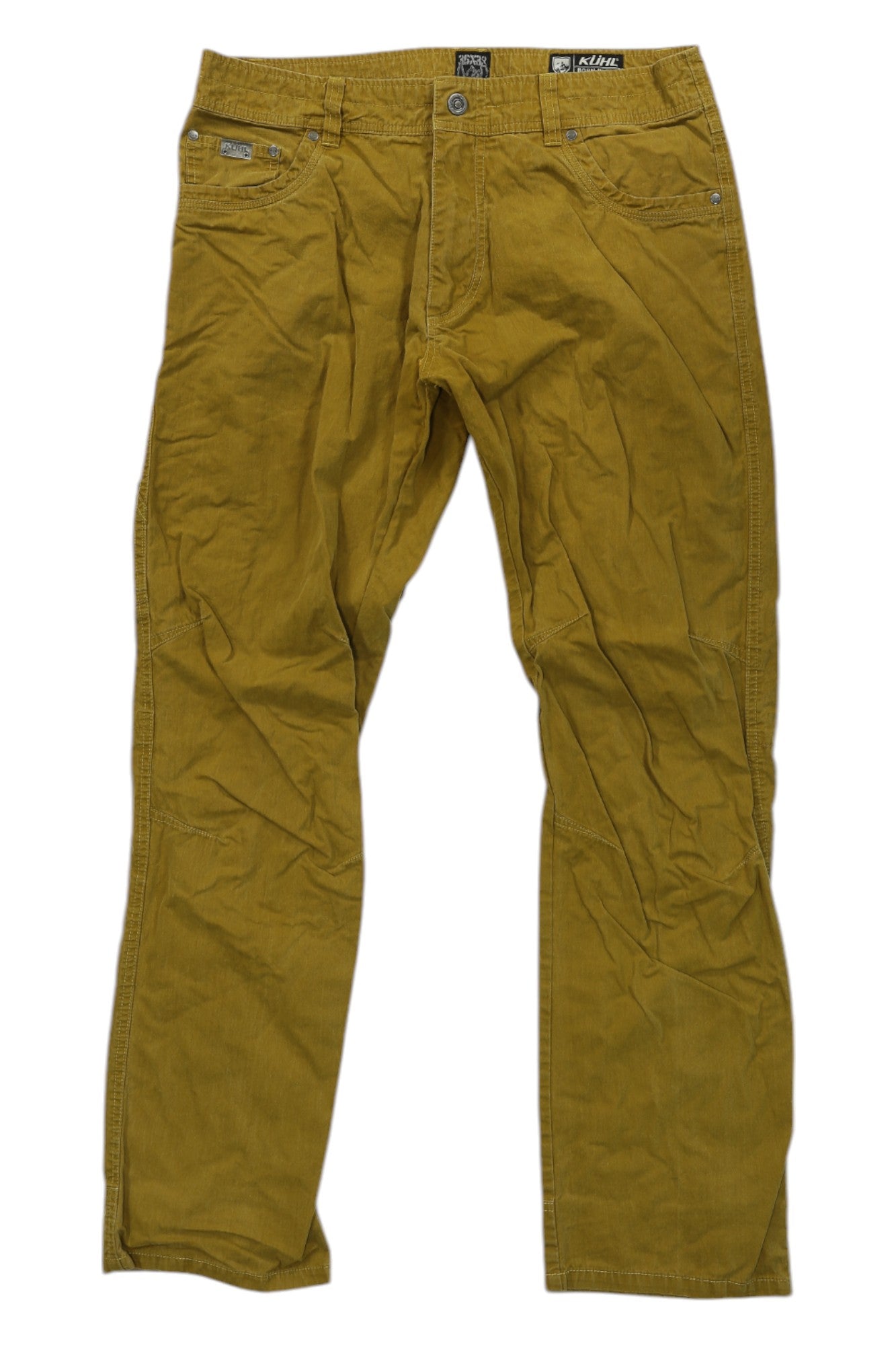 A pair of Kuhl Men's Revolvr Pants in mustard yellow with a straight-leg fit and stretch, made from slightly wrinkled fabric, shown flat on a white background.