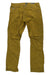 A pair of Kuhl Men's Revolvr Pants in mustard yellow with a straight-leg fit and stretch, made from slightly wrinkled fabric, shown flat on a white background.