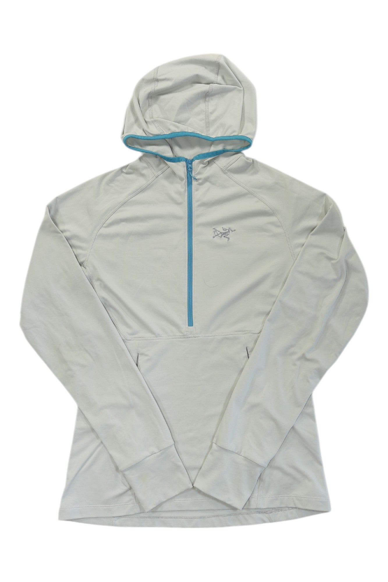 Light gray Zoa pullover hoody with a blue-trimmed hood, half zip, and front kangaroo pocket