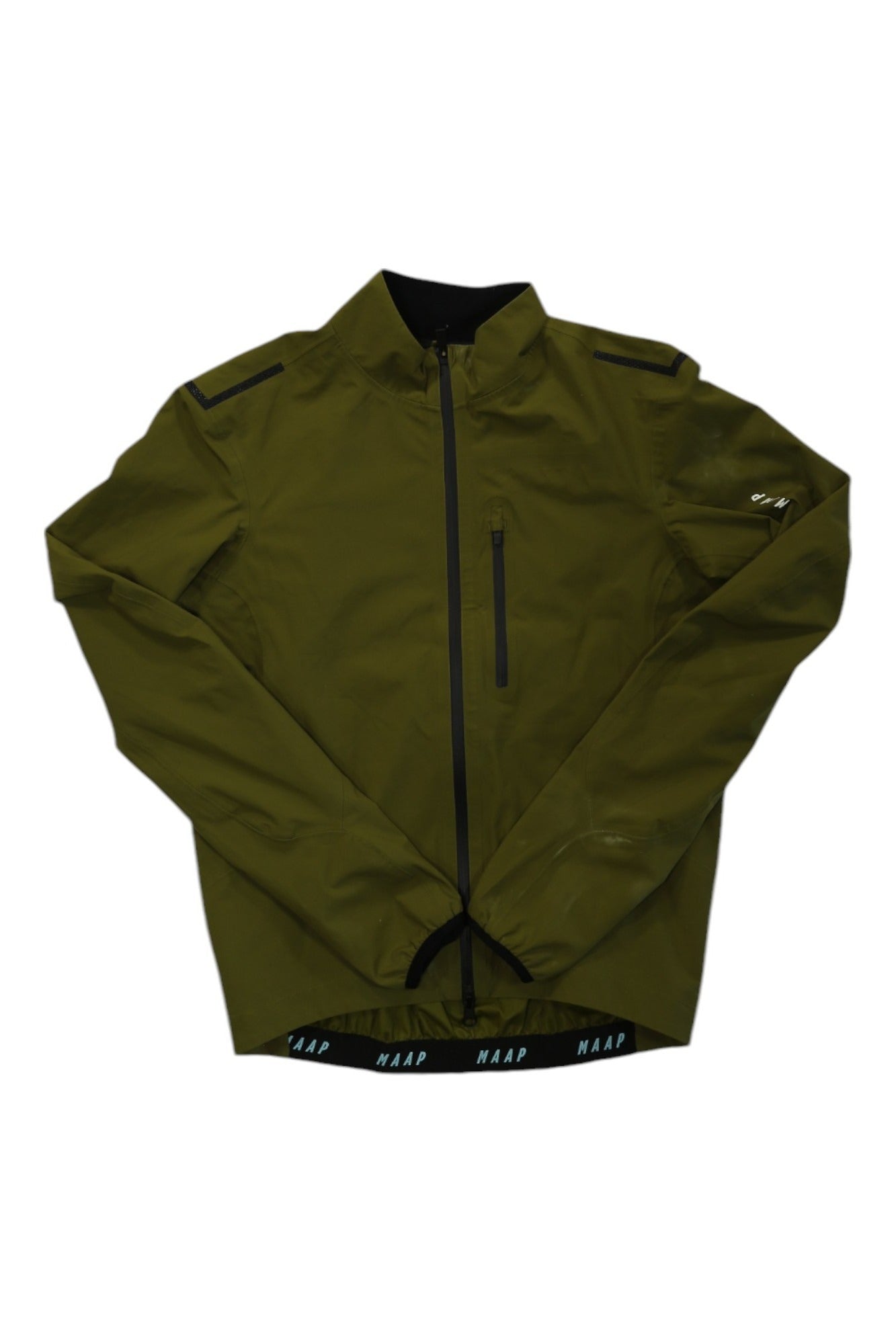 The Ascend Pro Rain Jacket in olive green features a front zipper, high collar, black chest zipper pocket, and subtle MAAP branding on the left sleeve and inner hem; it's a waterproof and breathable cycling jacket.