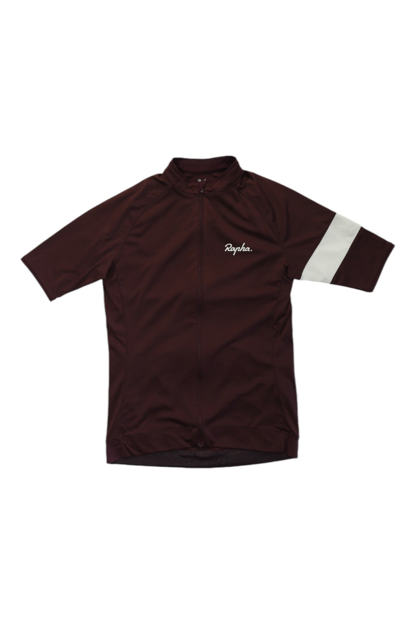 Women’s short-sleeve cycling jersey, full-zip, stand collar, maroon with white sleeve stripe
