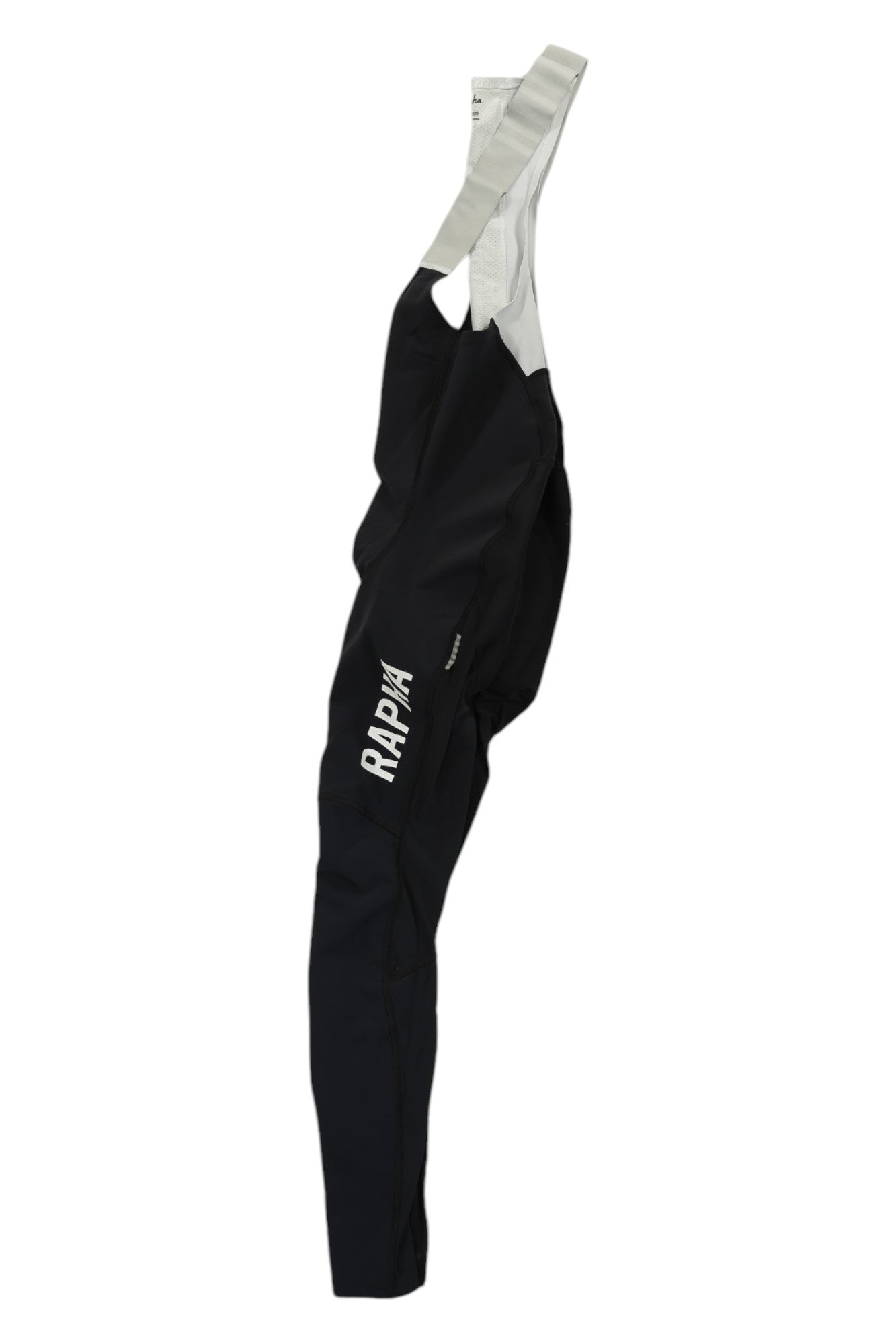 Men's black cycling winter tights with light gray upper panel, Rapha logo, padded