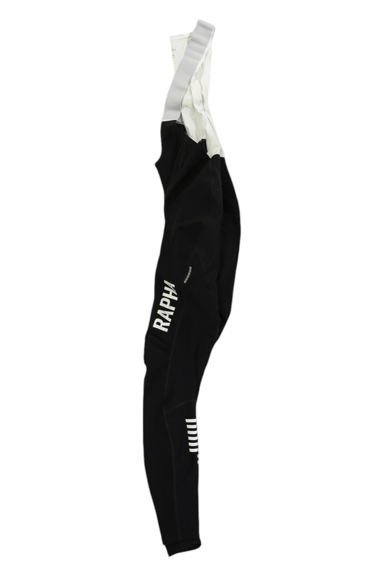 Men's black cycling winter tights with white side stripe, light gray upper, Rapha logo