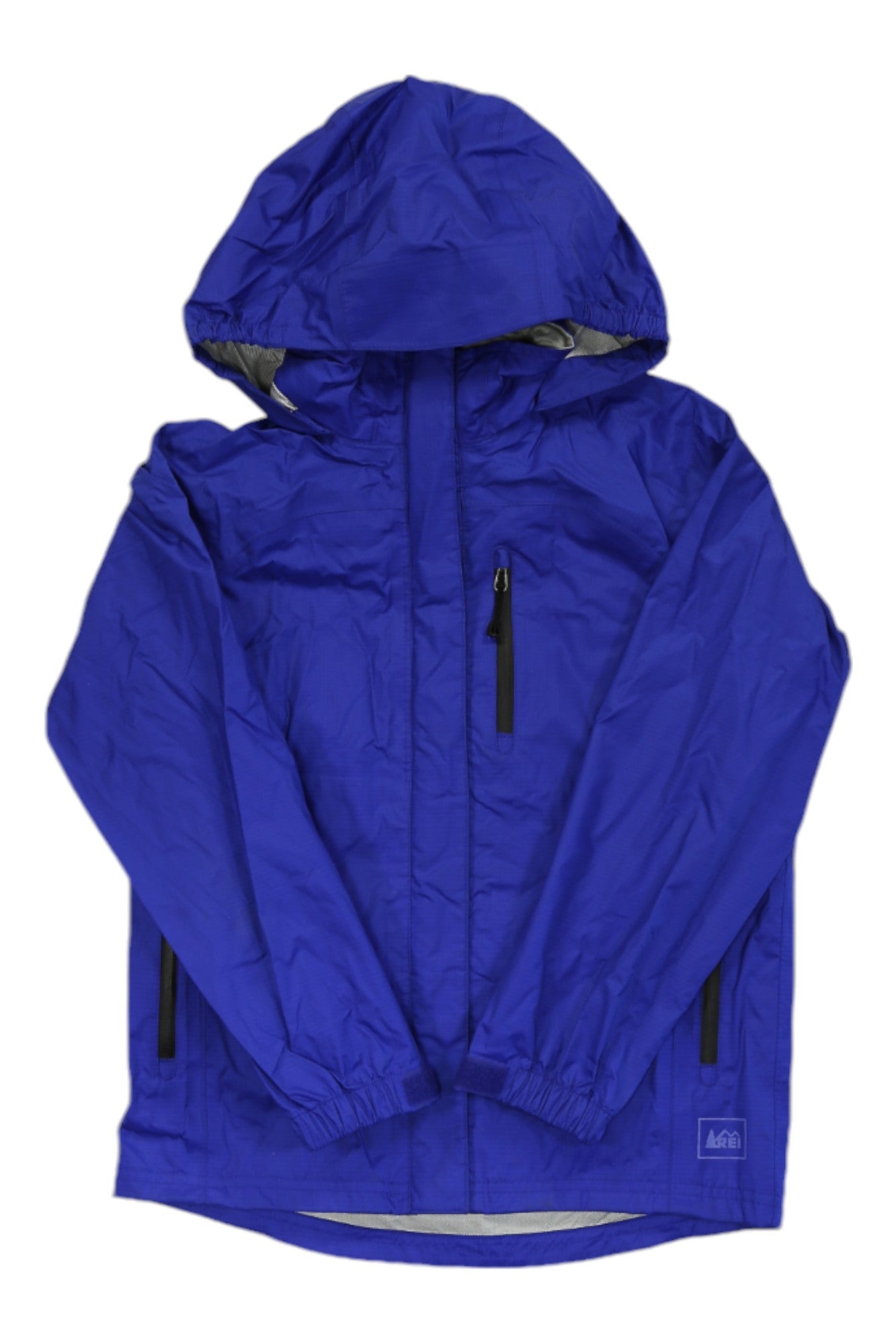 Boys blue rain jacket with attached hood, full-zip front and zip pockets