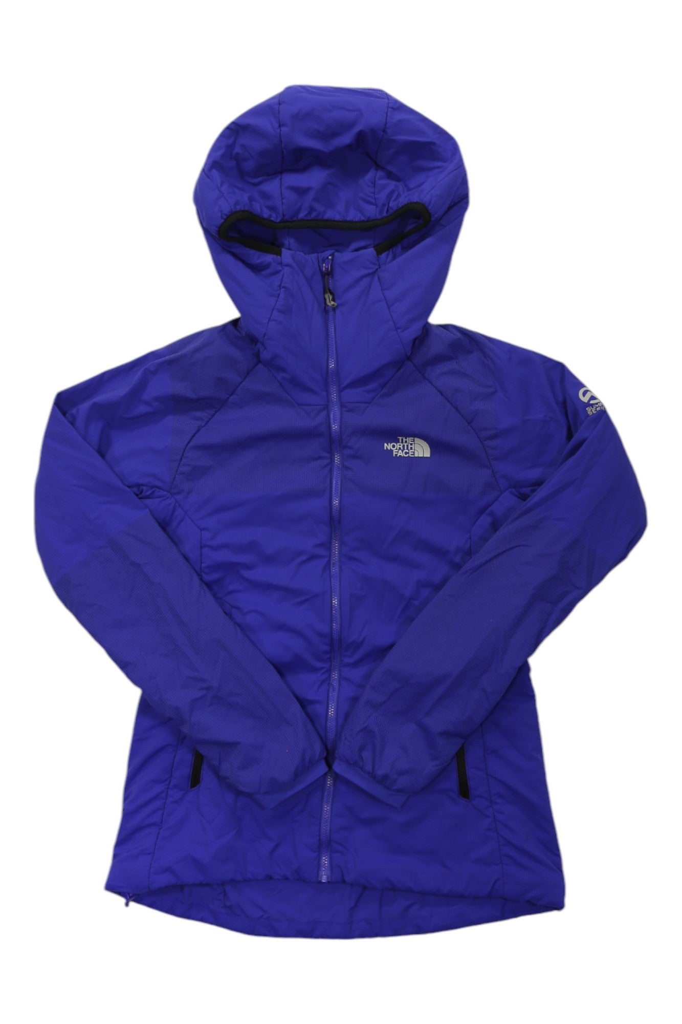 Women’s insulated hooded jacket in deep purple with full zip and black zipper pulls