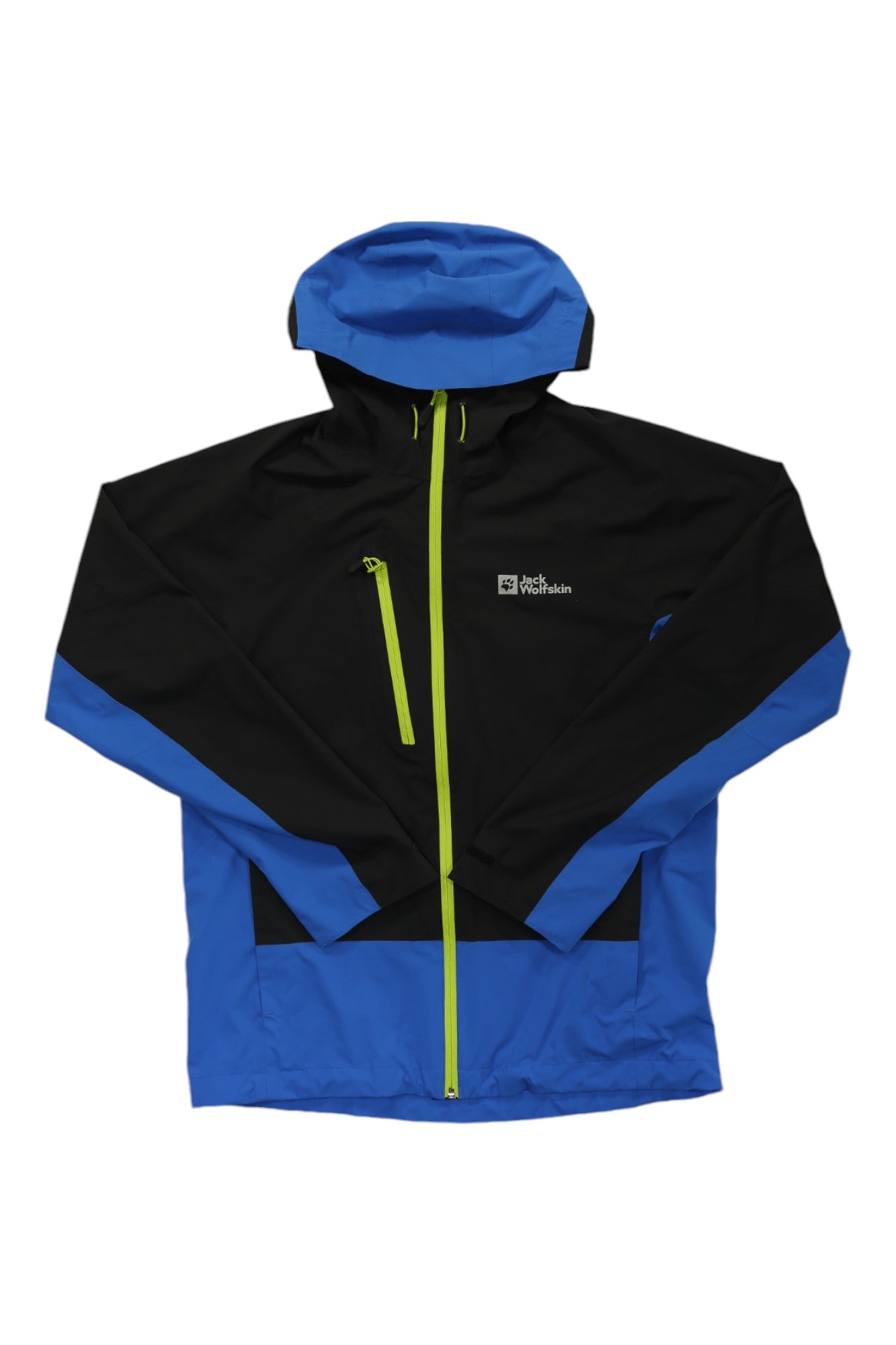 The Jack Wolfskin Mens Eagle Peak 2L is a black and blue outdoor jacket with a lime green zipper and logo. This breathable rain jacket doubles as a waterproof shell, making it ideal for unpredictable weather.