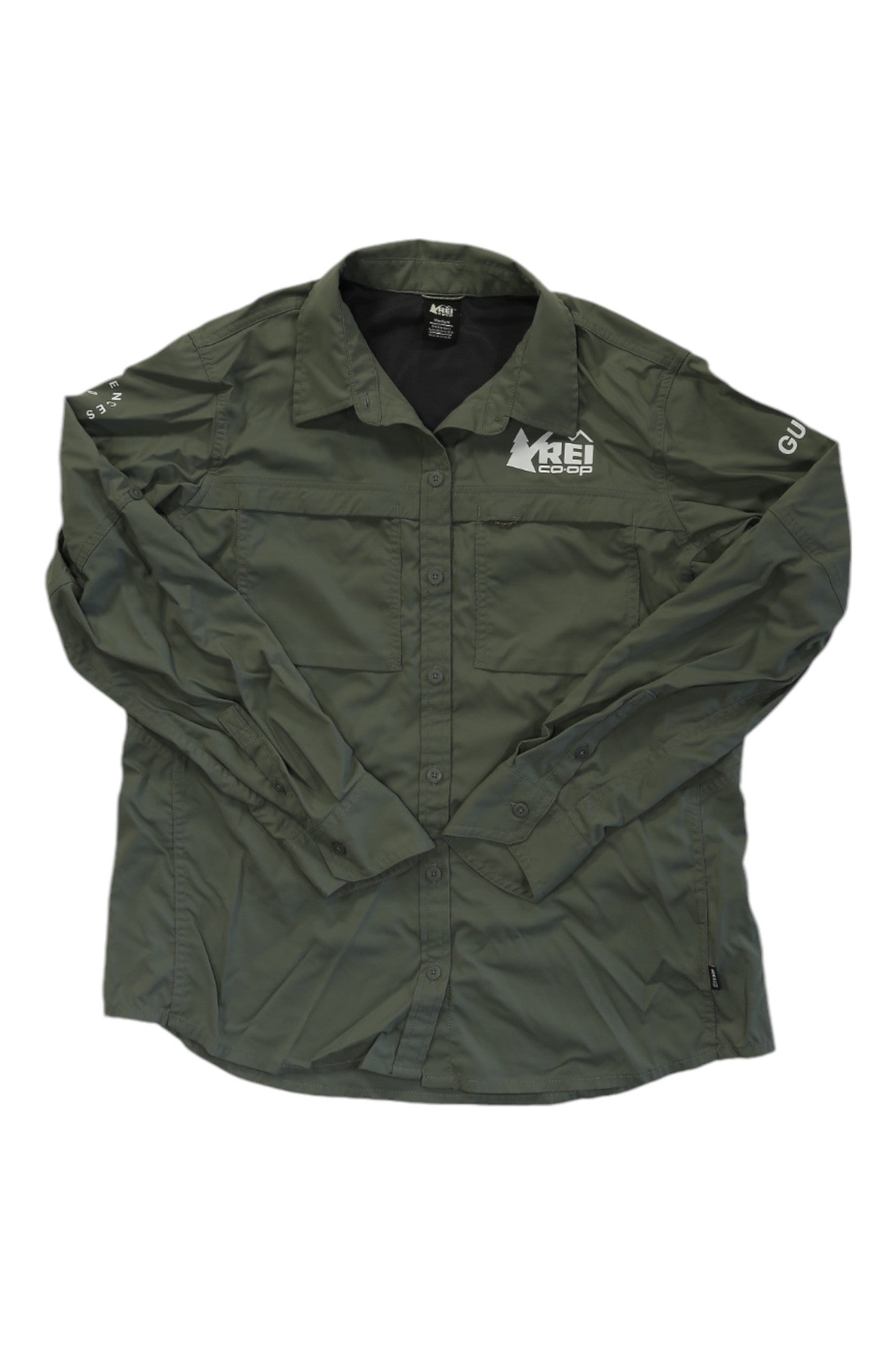Dark green women's button-up long-sleeve shirt with chest pockets and REI logo