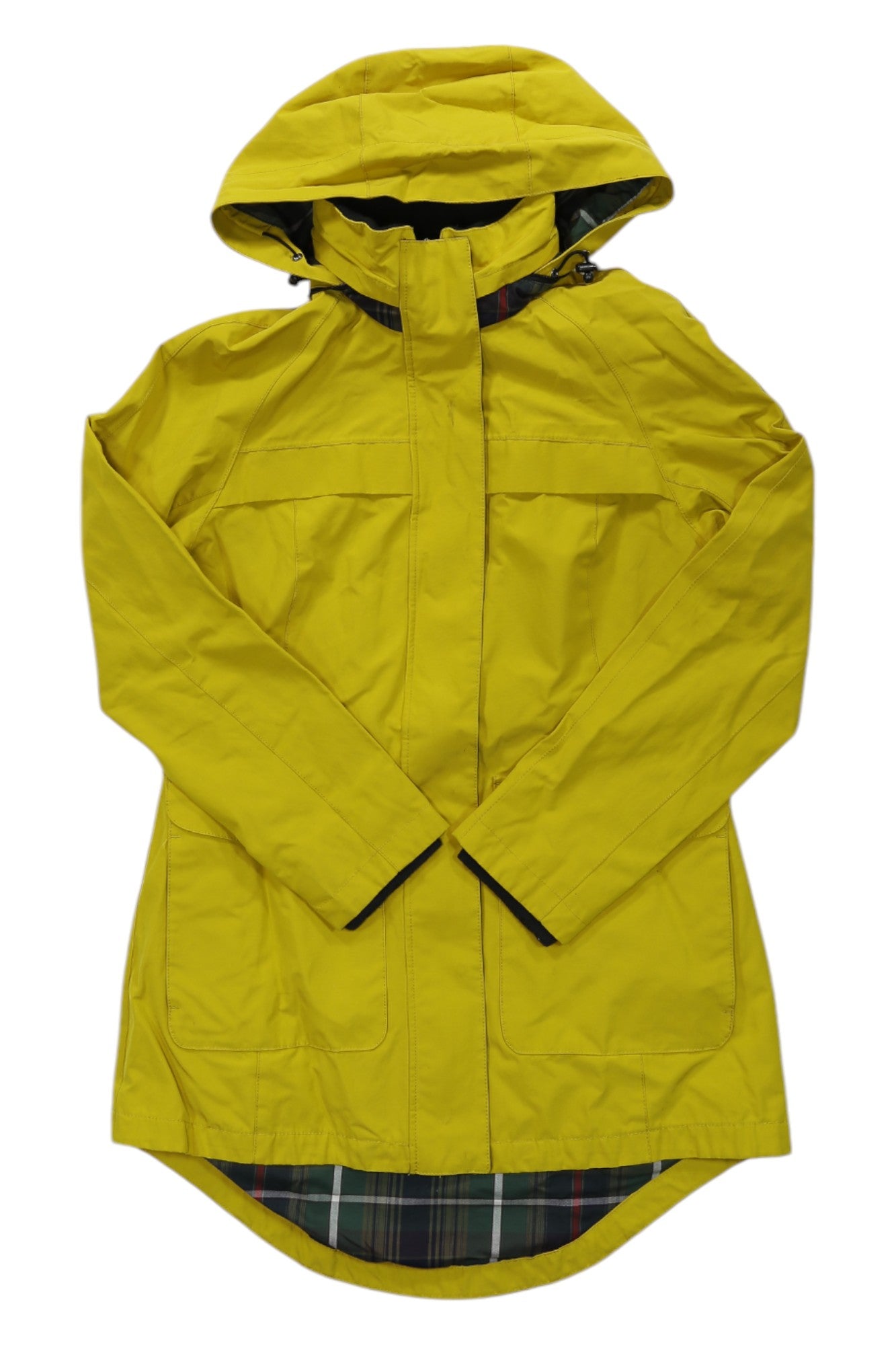 Women's yellow anorak jacket with hood, front zipper, and two chest pockets