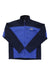 Navy and bright blue zip-up outdoor jacket with high collar and full front zipper