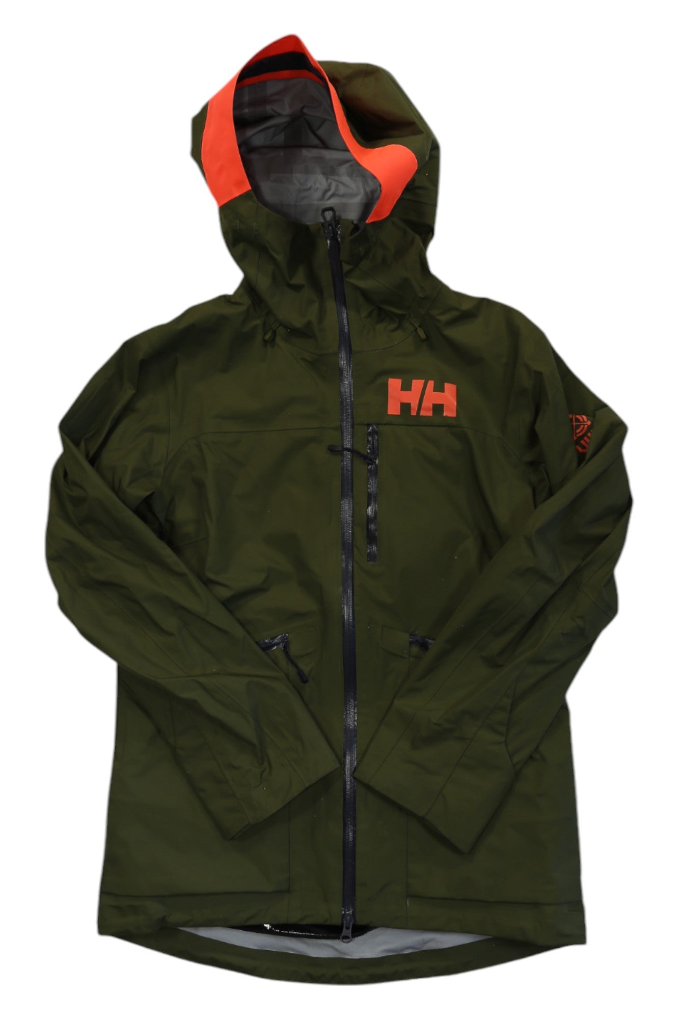 The HELLY HANSEN WOMENS KVITEGGA SHELL JACKET is an olive green hooded shell with bright orange lining, zippered chest pocket, and Helly Hansen logo—ideal for outdoor hiking in wet weather.