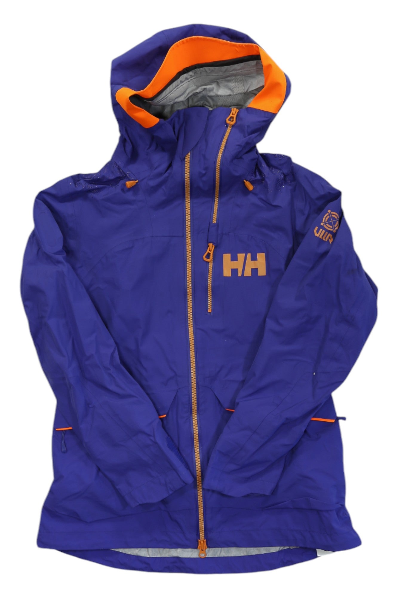 A pair of Helly Hansen Women's Aurora Ski Pants in purple with orange accents and logo, displayed flat on a white background.