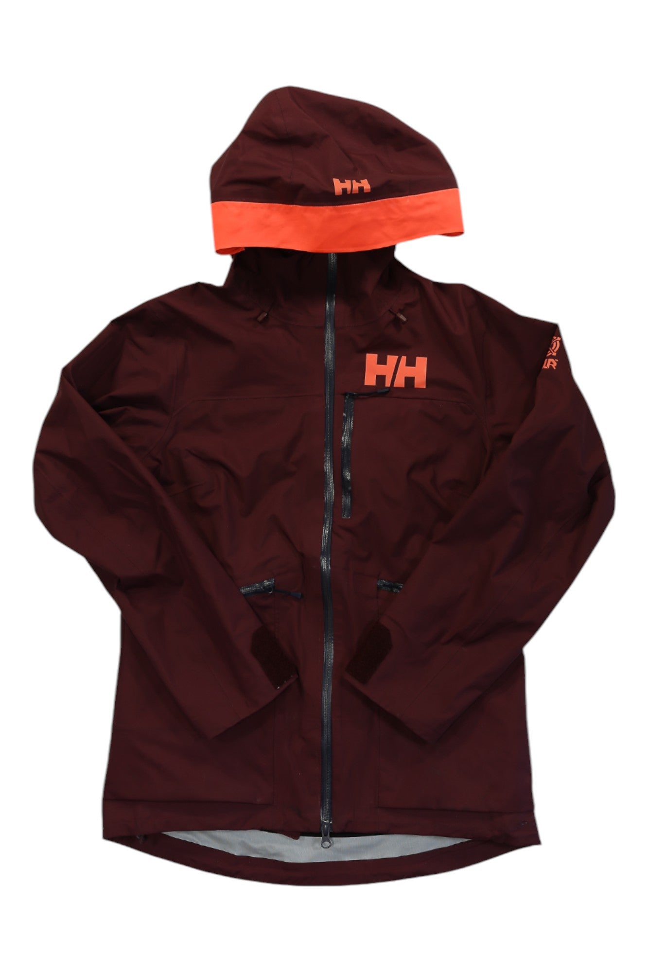 The HELLY HANSEN WOMENS KVITEGGA SHELL JACKET is a maroon shell with bright orange hood and logo accents, front zipper, and two zippered pockets—an ideal choice for outdoor hiking.
