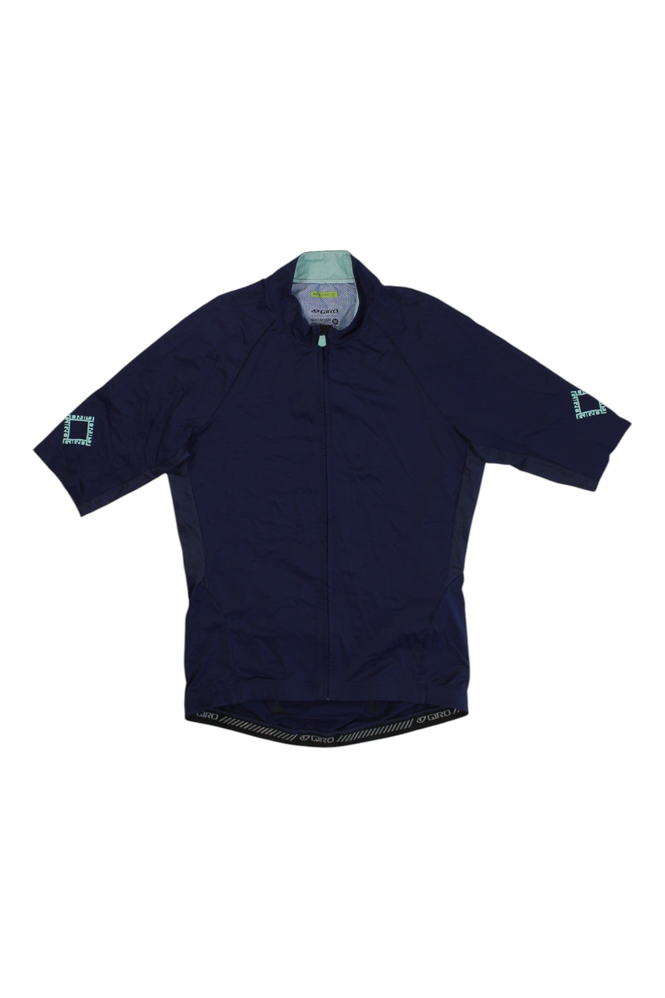 The Giro Mens Cycling Jersey is a short-sleeve, navy blue jersey with a front zipper and light blue accents on the collar and sleeves, shown flat on a white background.