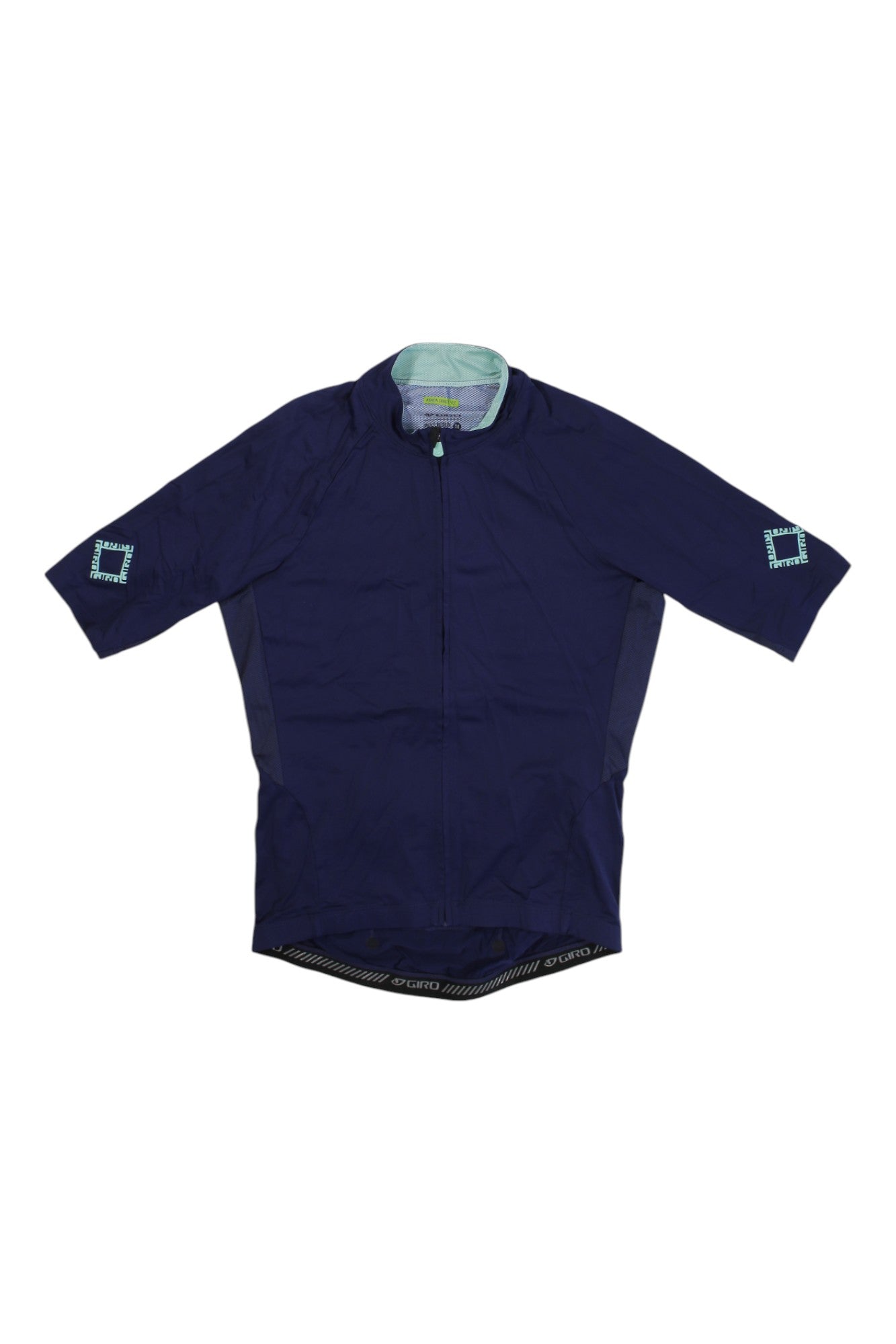 The Giro Mens Cycling Jersey is a navy blue short-sleeve cycling top with a front zipper, light blue inner collar, and patterned sleeve cuffs, shown on a plain white background.