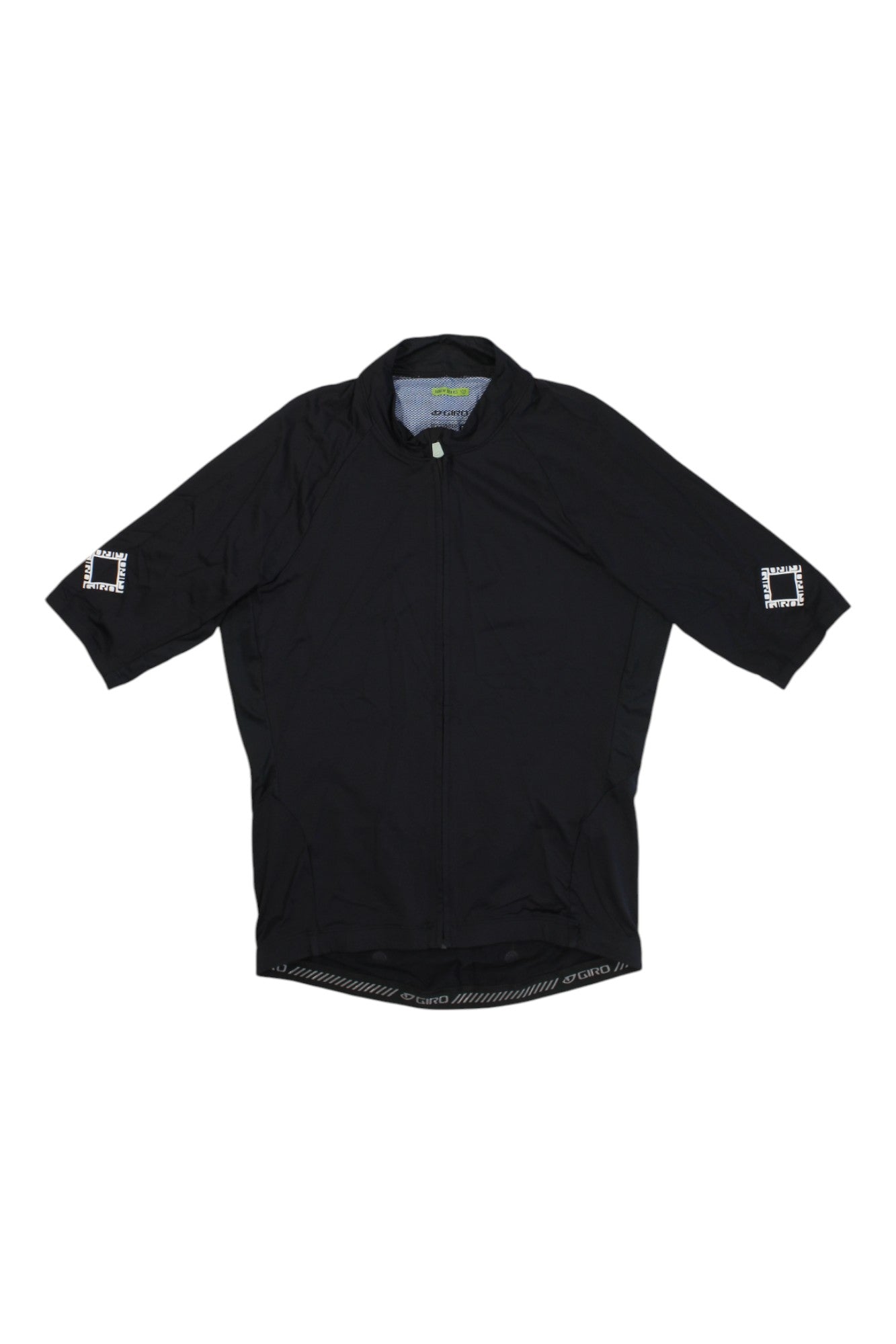 The Giro Mens Cycling Jersey is a black short-sleeve cycling jacket with a front zipper, high collar, white logo patches on the sleeves, and a patterned inner hem, shown on a white background.