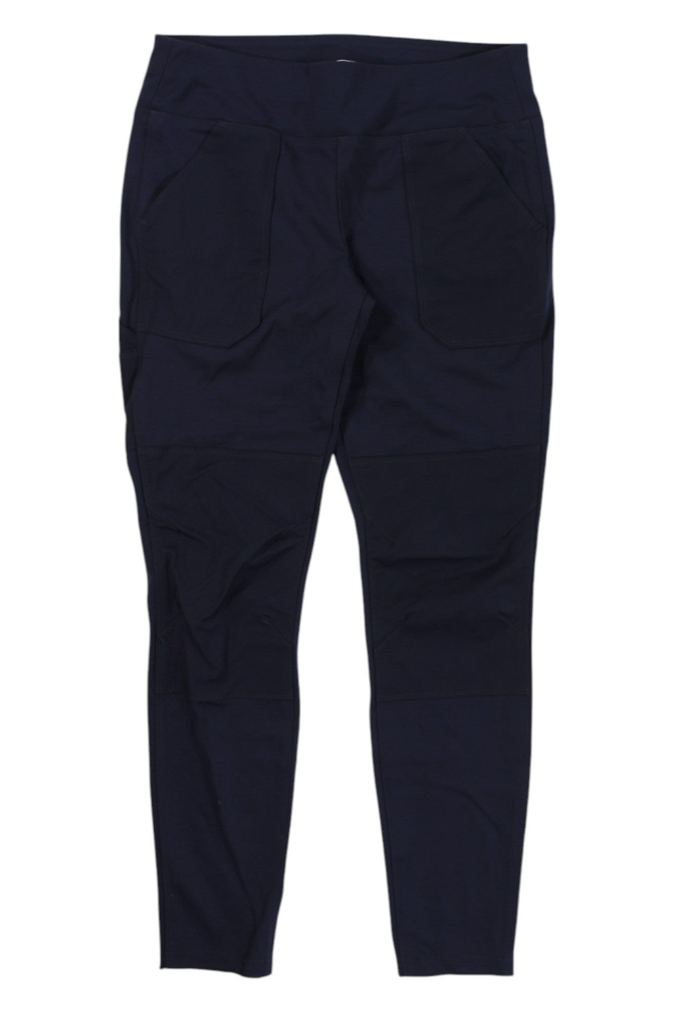 A pair of Carhartt Womens Force Midweight Pocket Leggings in navy blue, slim-fit with front pockets, is laid flat on a white background.