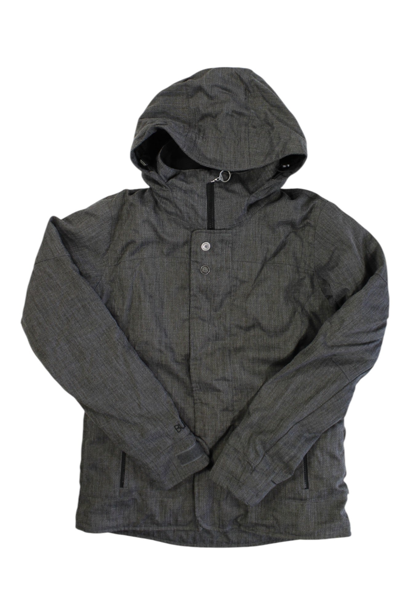 The Burton Womens Jet Set Jacket, shown in dark gray on a white background, is a waterproof insulated jacket with a front zipper, two side pockets, buttoned collar flap, long sleeves, and is made from recycled materials.