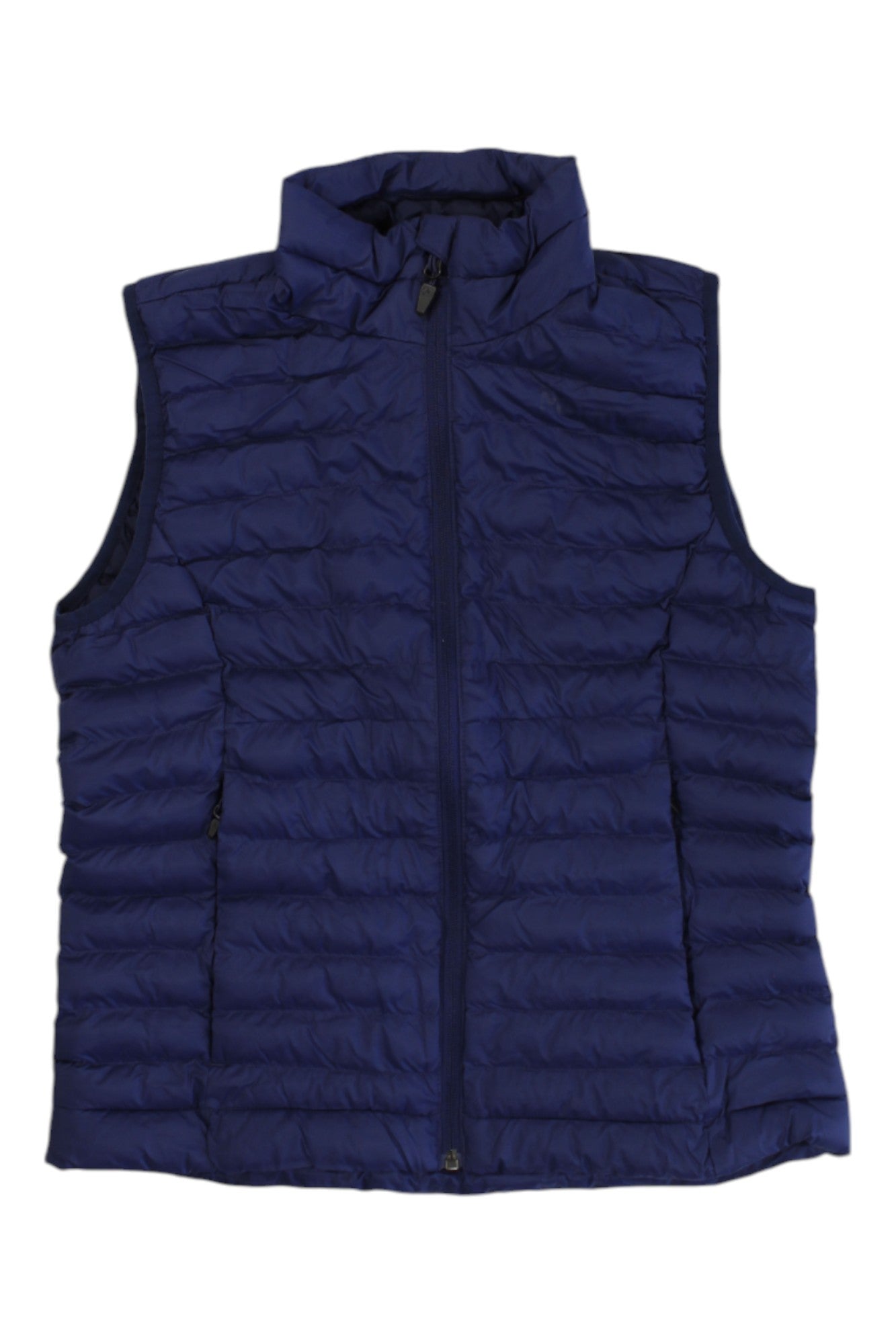 The Marmot Womens Echo Featherless Vest is a navy blue, sleeveless vest with Thinsulate insulation, a front zipper, and high collar, shown flat on a white background.