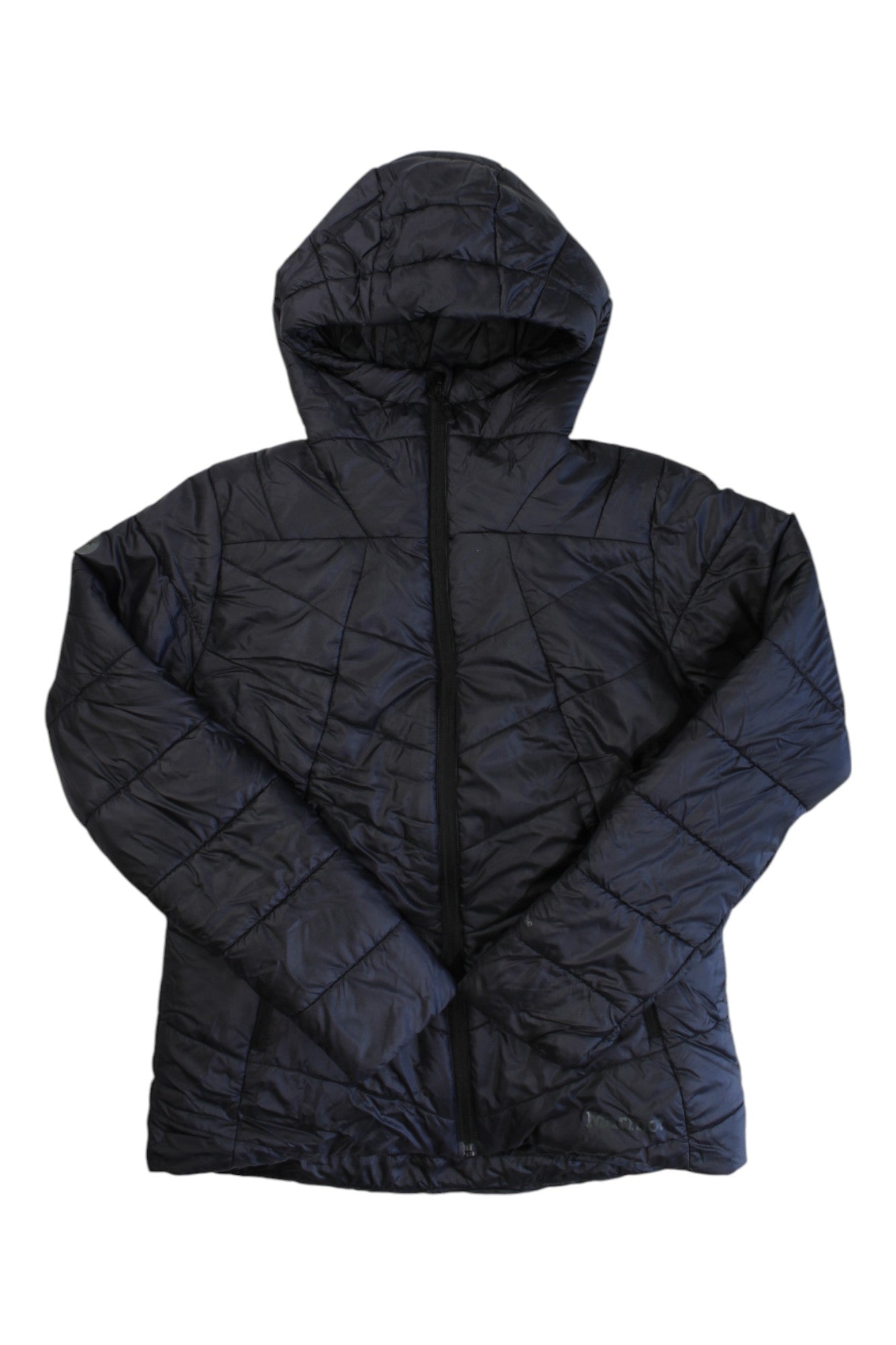 The Womens WarmCube Featherless Hoody is a black, quilted, hooded jacket with synthetic insulation, a front zipper, and windproof design. Lightweight with long sleeves, it keeps you warm on cool days.