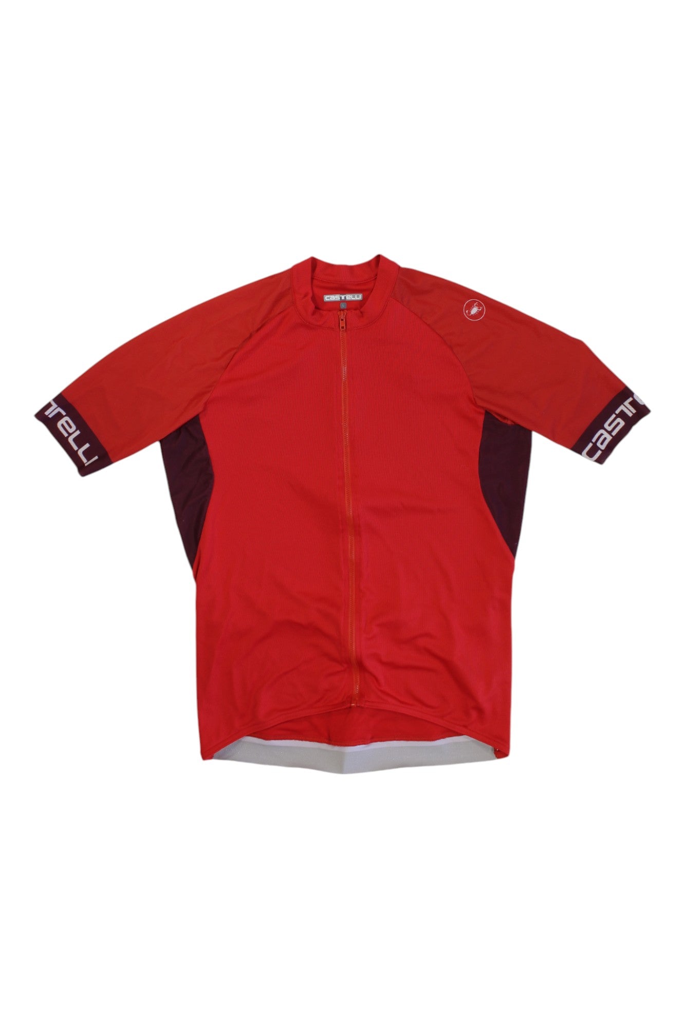 A Castelli Mens Entrata VI Short Sleeve Jersey in red with maroon side panels, full front zipper, moisture-wicking fabric, and white Castelli branding on both sleeves, shown laid flat on a white background.