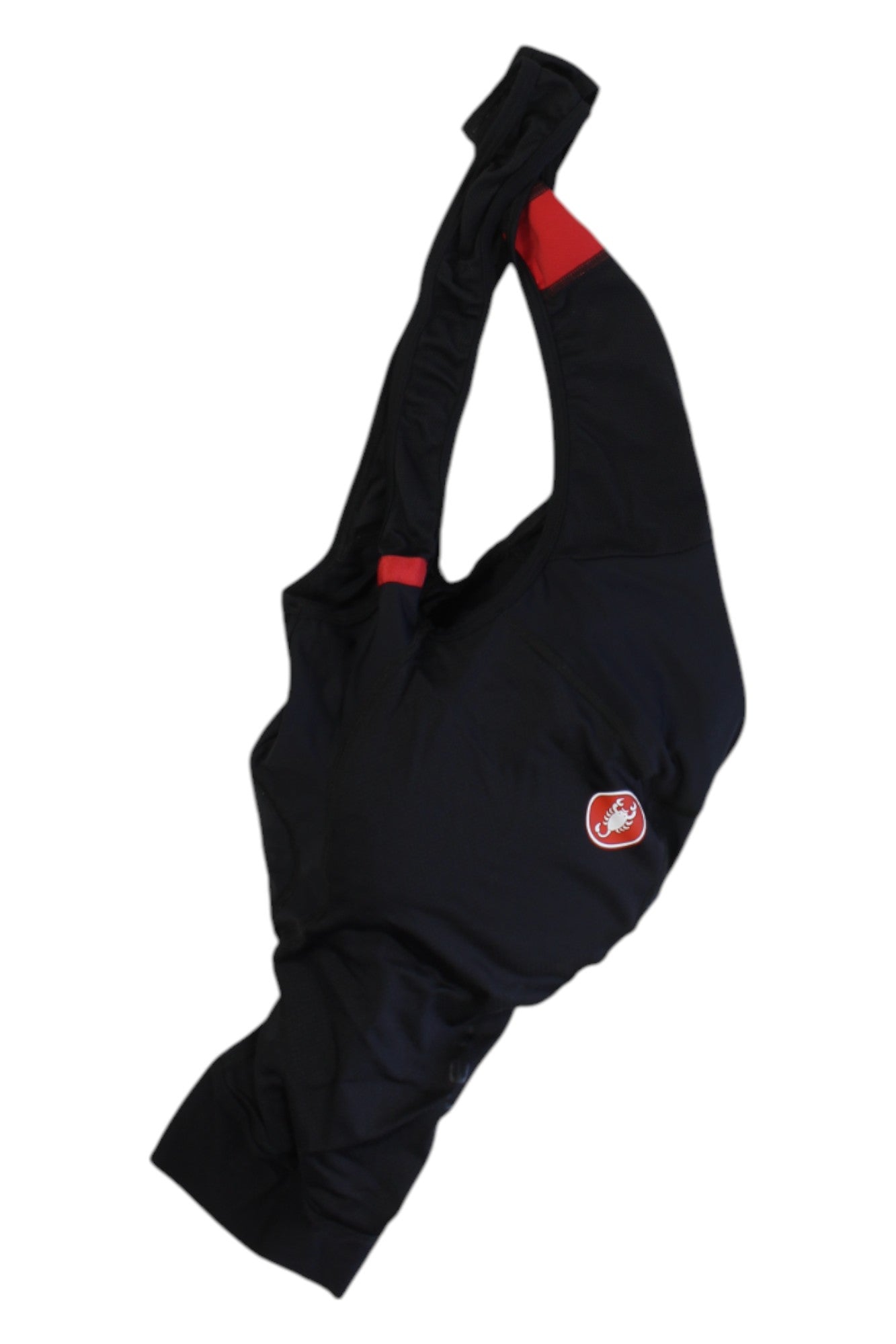 The Castelli Mens Competizone Bib Shorts feature a black design with red accents and a small red and white scorpion logo on the side, shown on a white background—ideal for performance cycling enthusiasts.