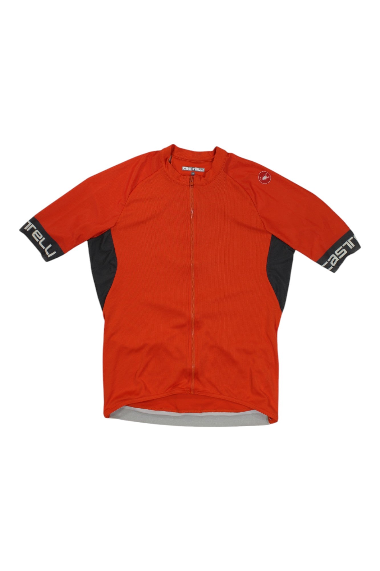 The Castelli Mens Entrata VI Short Sleeve Jersey in orange features black sleeve and side accents, moisture-wicking fabric, a full zipper, and the Castelli logo on the right chest.