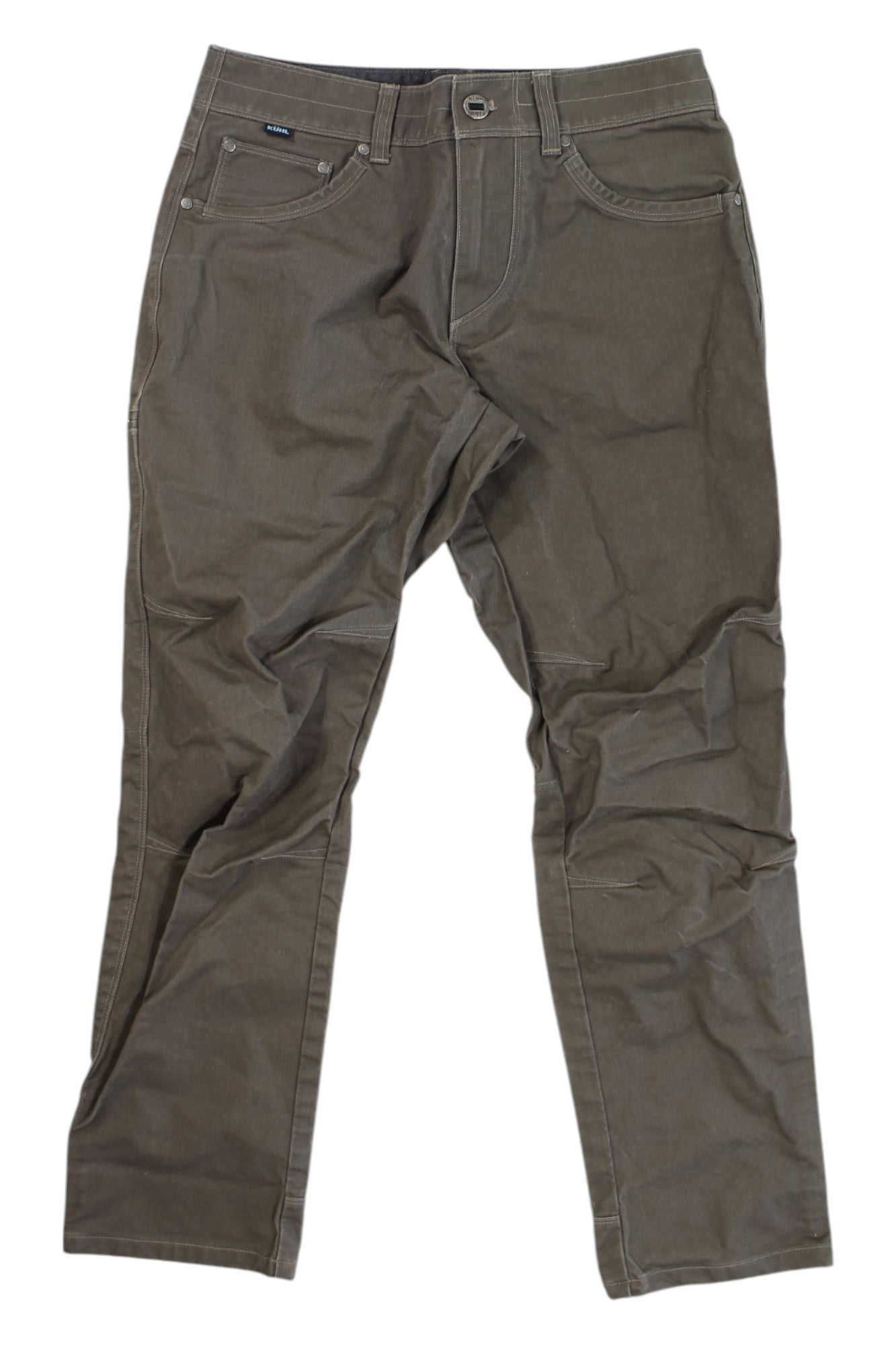 A pair of durable Kuhl Mens Free Ryder Pants in brown, featuring front and back pockets, belt loops, and visible stitching, laid flat on a white background.