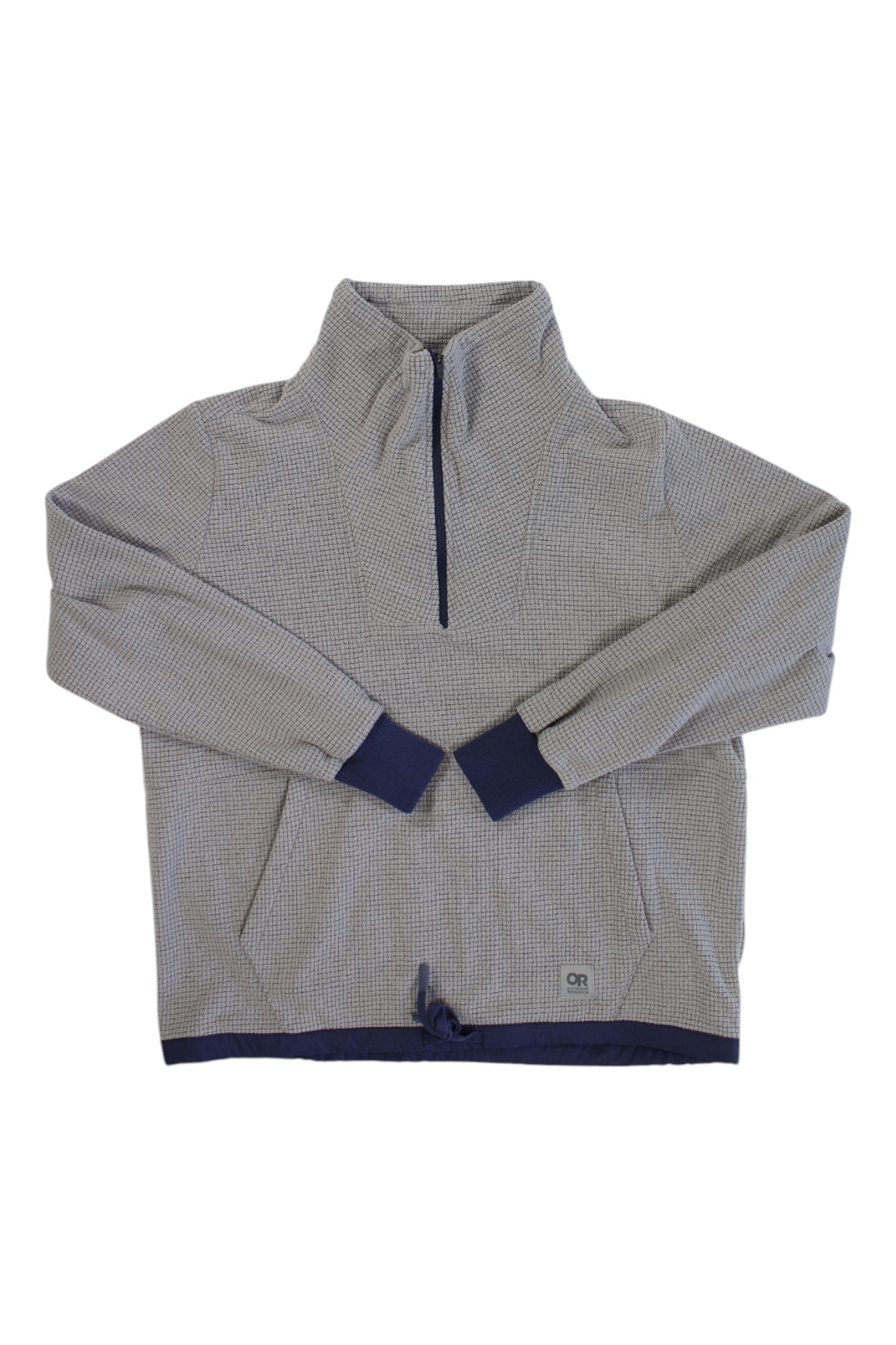 The Outdoor Research Womens Trail Mix Quarter Zip Pullover features long sleeves, a light gray subtle checkered pattern, half-zip front, dark blue cuffs and hem, front pockets, and moisture-wicking fabric for all-day comfort.