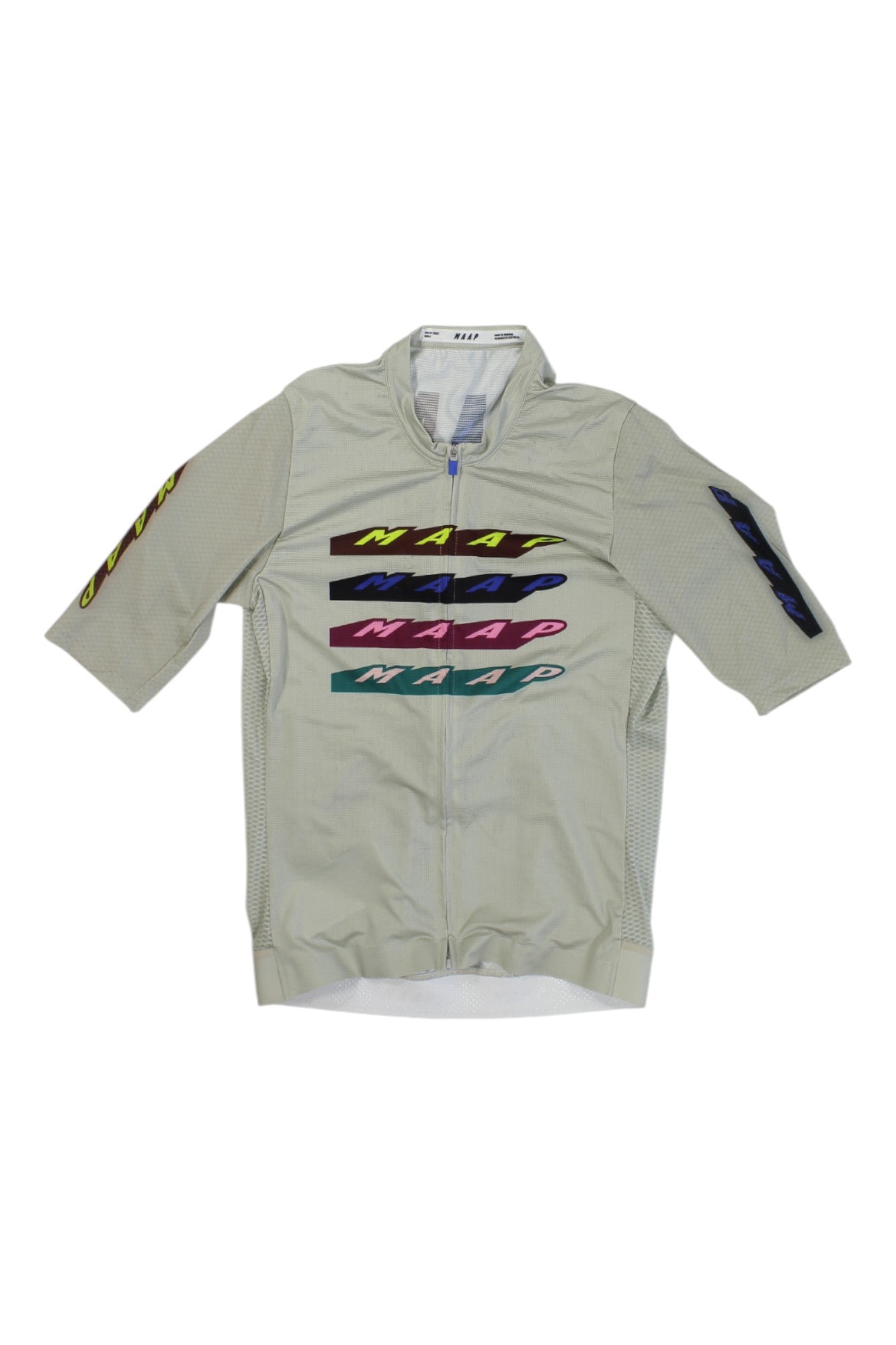 The MAAP Womens Long Sleeve Pro Fit Jersey is a light gray cycling top with a front zipper, high collar, and MAAP branding in various colors on the front and sleeves—designed for high-performance and comfort on every ride.