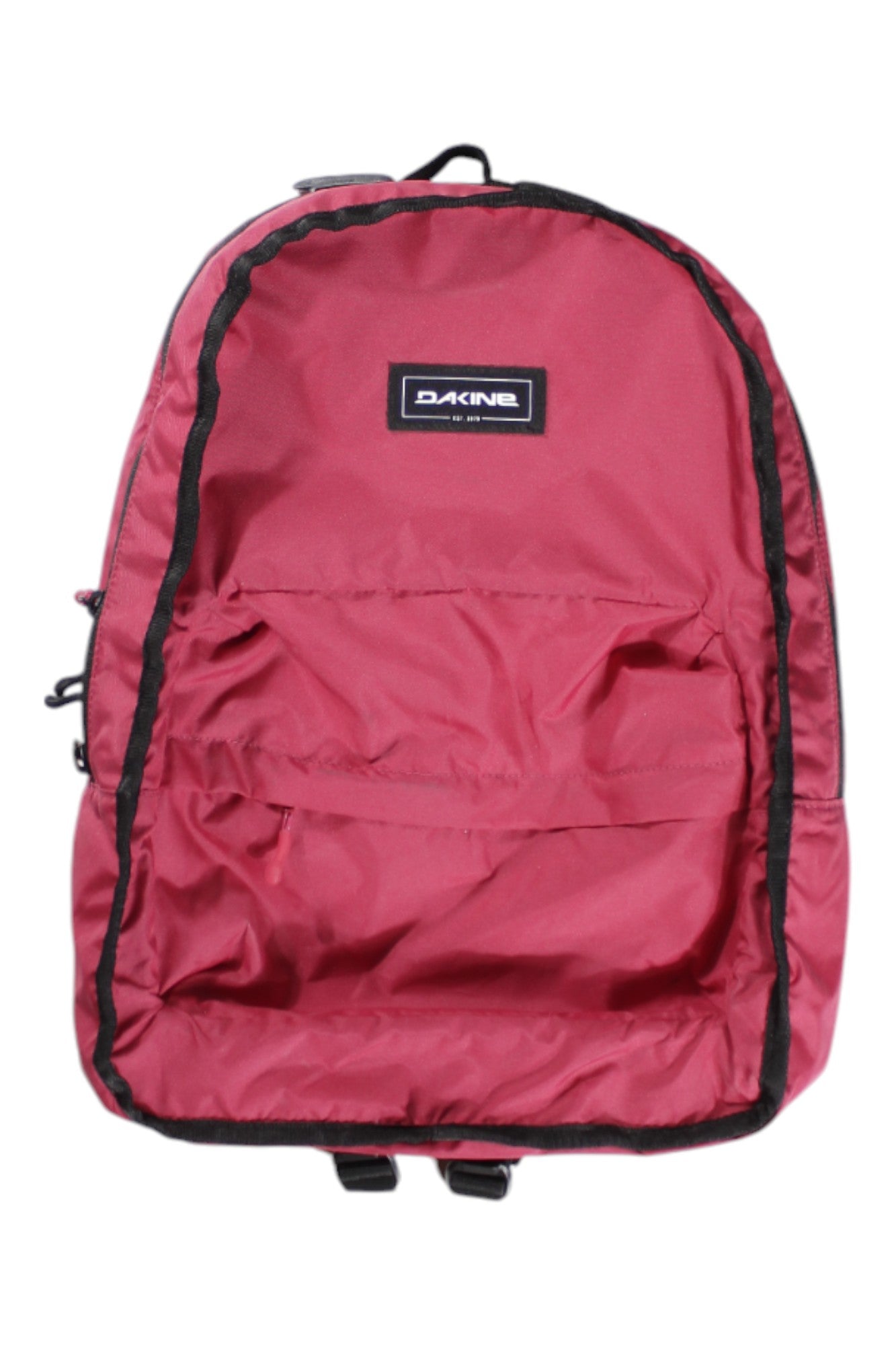 A red Dakine 365 Pack Reversible 21L backpack with black trim, a front pocket, and a Dakine logo patch near the top is shown empty against a white background.