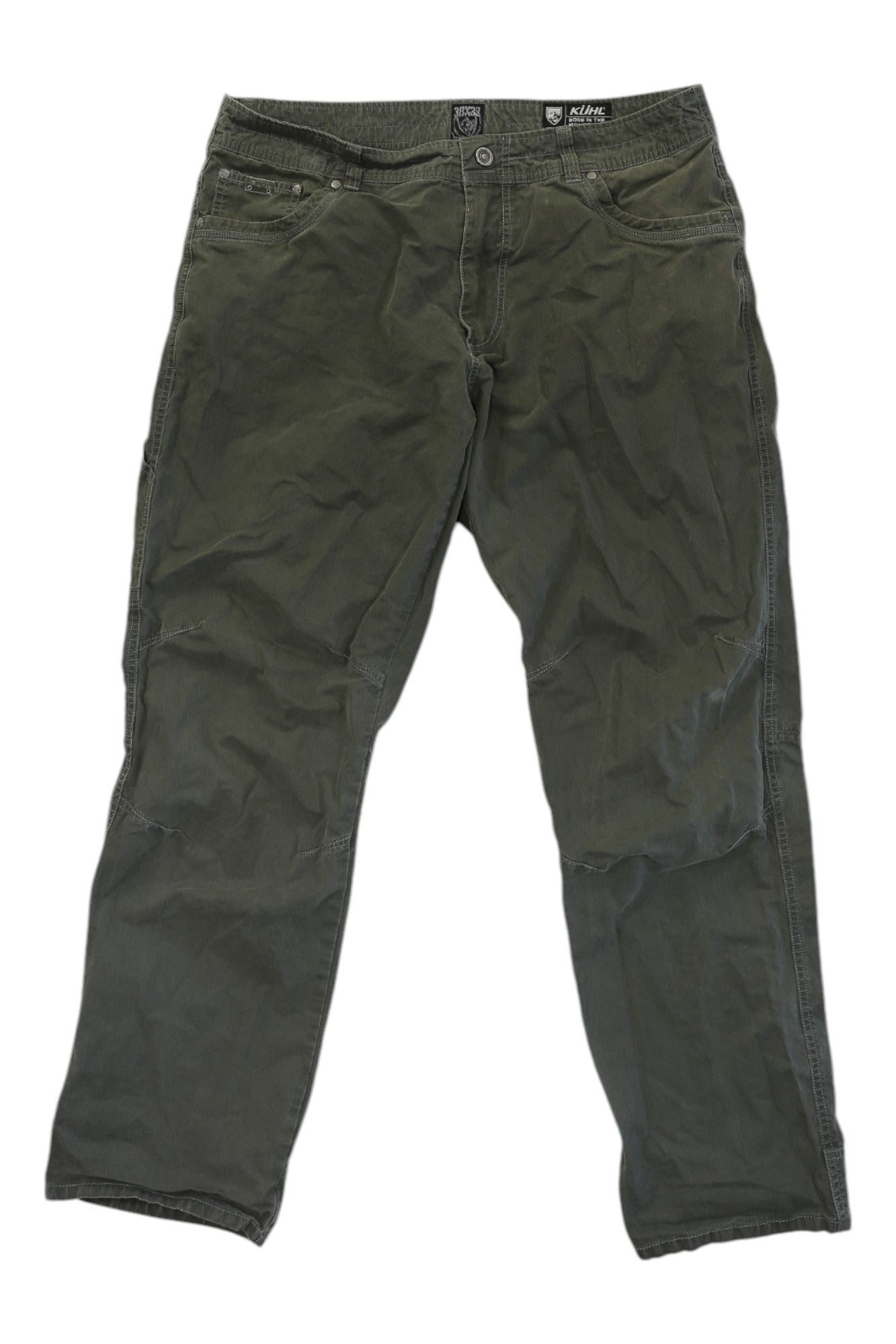 Kuhl Men's Revolvr Pant in olive green, featuring stretch fabric, front and back pockets, belt loops, and a button-zip fly, displayed flat on a white background.