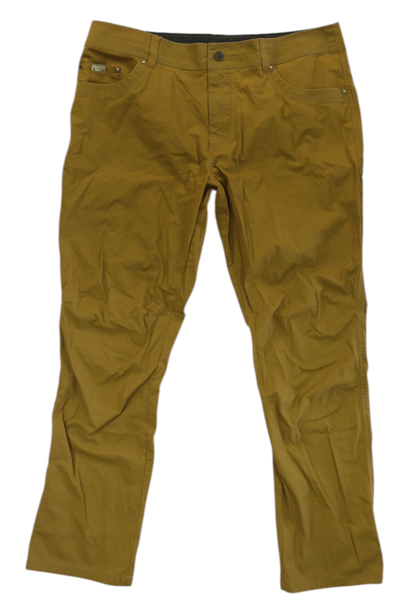 A pair of Kuhl Mens Revolvr Rogue Pants in mustard yellow, lightweight with button and zipper closure, front and back pockets, slightly wrinkled fabric, UPF 50+ sun protection, shown laid flat on a white background.