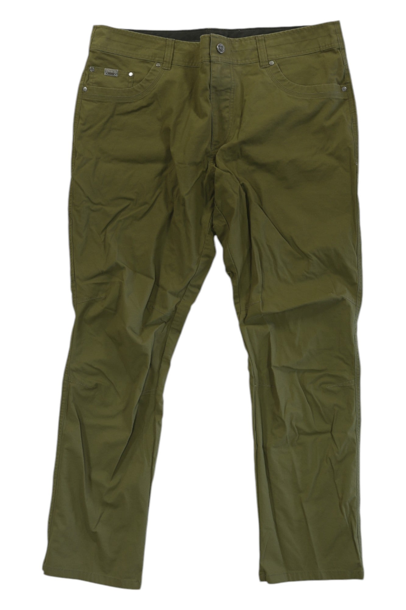A pair of Kuhl Men's Revolvr Rogue Pants in olive green, lightweight with five pockets and UPF 50+ sun protection, slightly wrinkled, laid flat on a white background.