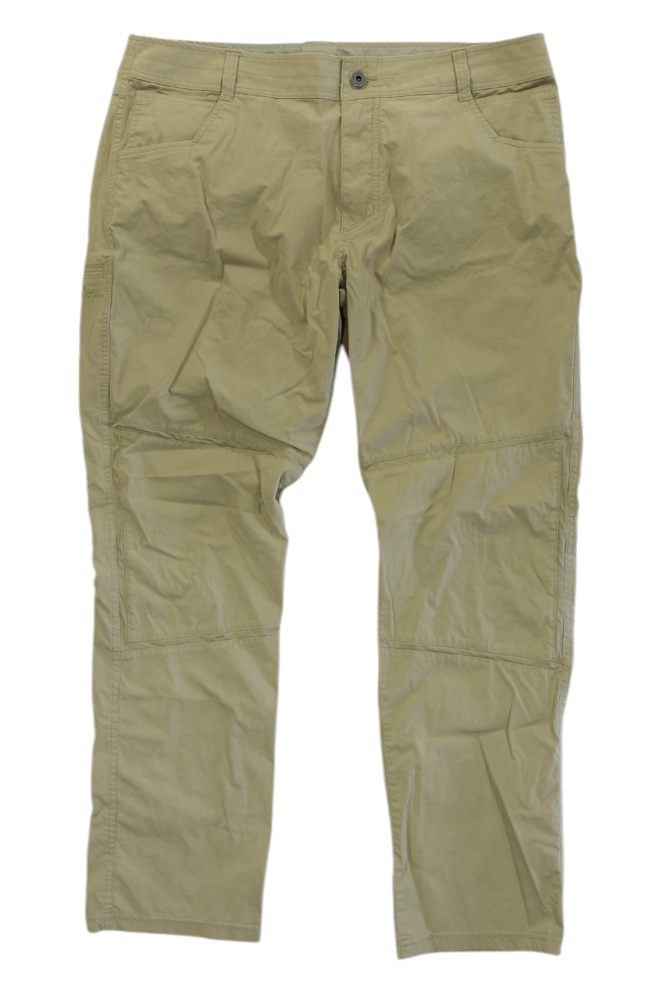A pair of light brown, wrinkled Mens Legendary Pant by KÜHL with side pockets is displayed flat on a white background. These durable pants are ideal for outdoor adventures and daily wear.