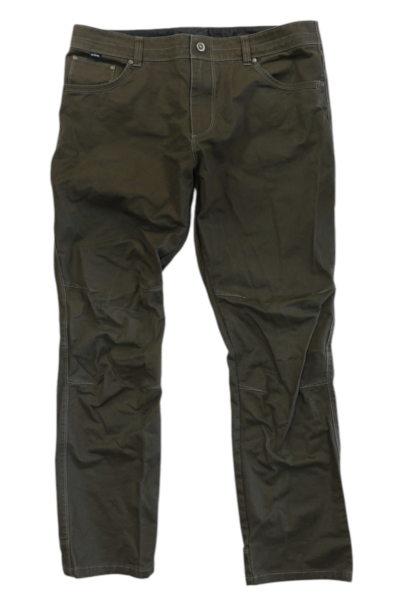 A pair of olive green Kuhl Mens Free Ryder Pants with front and back pockets, shown flat on a white background. These durable cargo-style pants offer versatility and are ideal for any adventure.