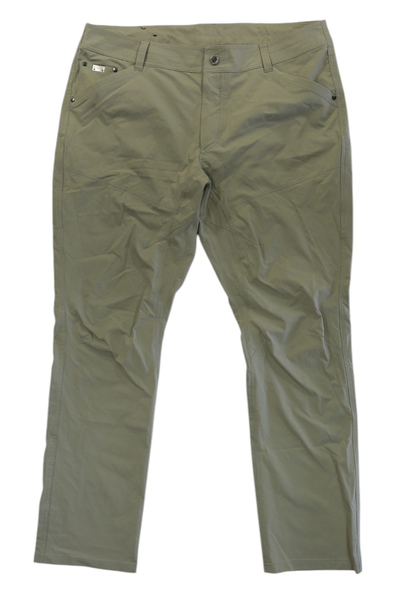 The Silencr Rogue Pants in olive green feature front and back pockets, a button and zipper closure, and are displayed flat on a white background.