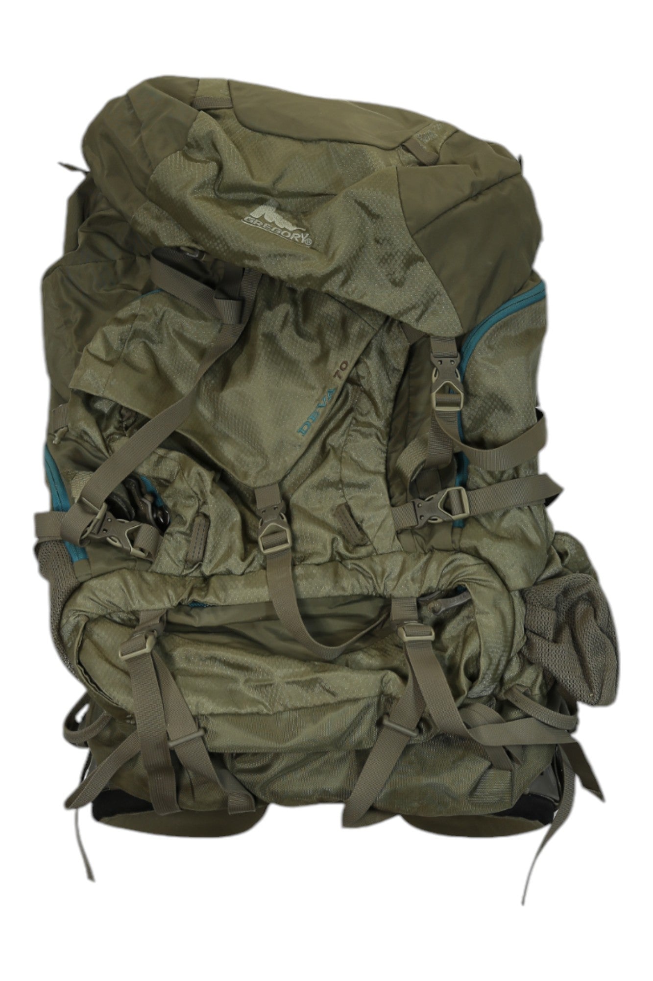 The Deva 70 Pack is an olive green 70-liter women’s backpacking pack with multiple straps, buckles, and pockets. Displayed against a white background, the brand logo appears on the top flap.