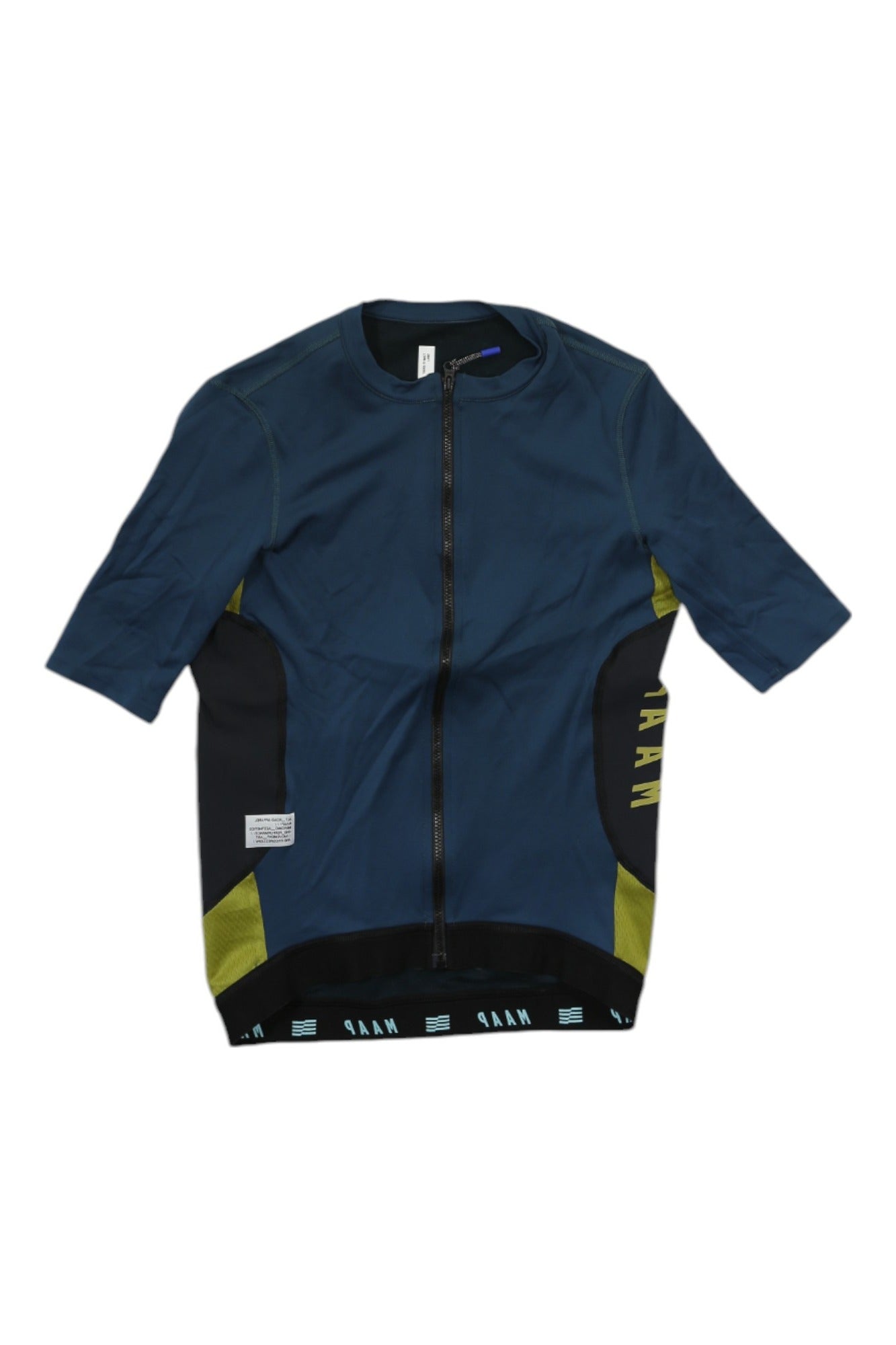 The Team Fit Jersey is a men's performance cycling top in dark blue with black sides, yellow accents, and a front zipper. MAAP branding appears on the side and hem. It's designed for breathability and comfort on every ride.