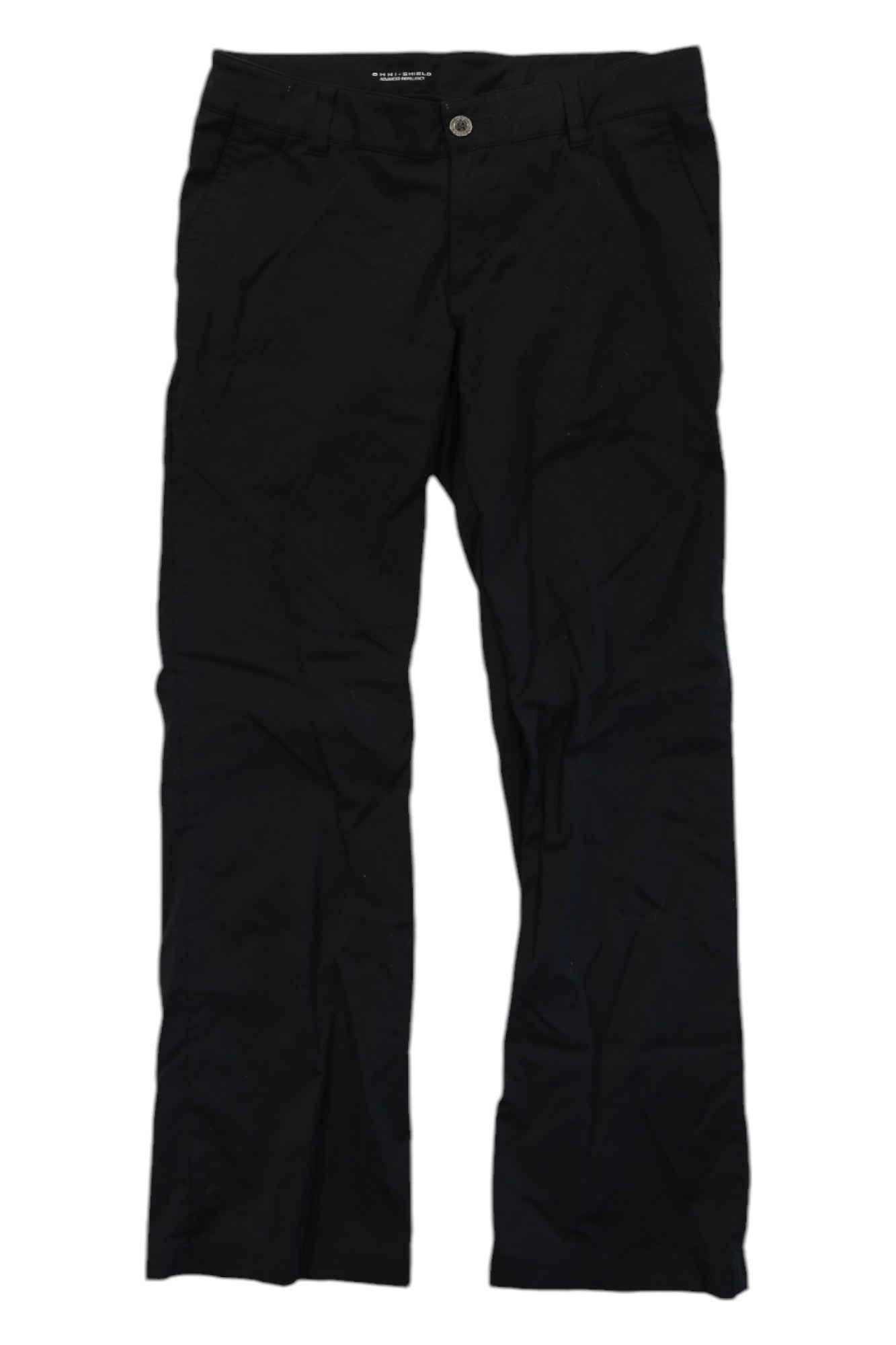 Women's Columbia Mumbai Mover III black pants, front view with button closure and straight legs