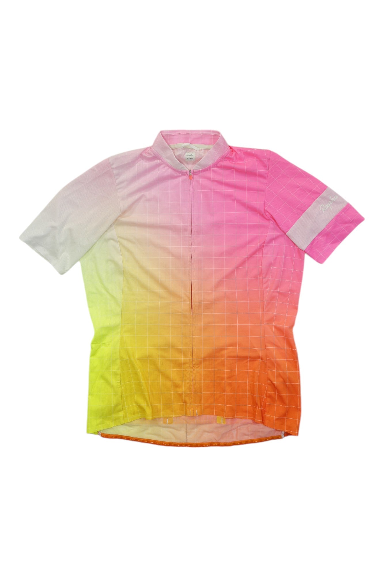 The Rapha Womens Classic Flyweight Jersey by Rapha is a lightweight, breathable short-sleeved cycling jersey featuring a gradient color scheme that transitions from white at the shoulders to pink, orange, and yellow toward the hem. It includes a front zipper and a subtle grid pattern for added style.